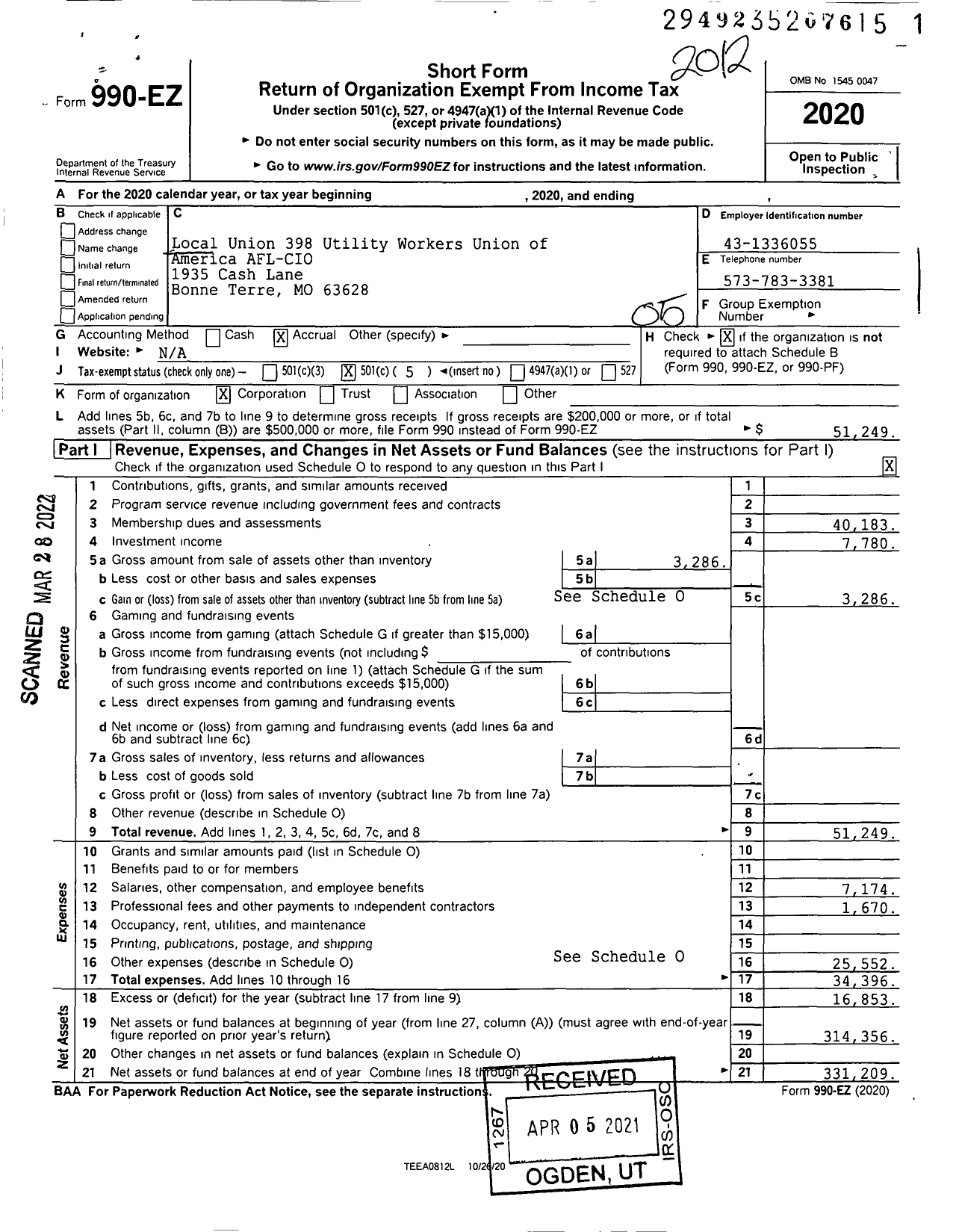 Image of first page of 2020 Form 990EO for UTILITY WORKERS UNION OF AMERICA - 398 Uwua