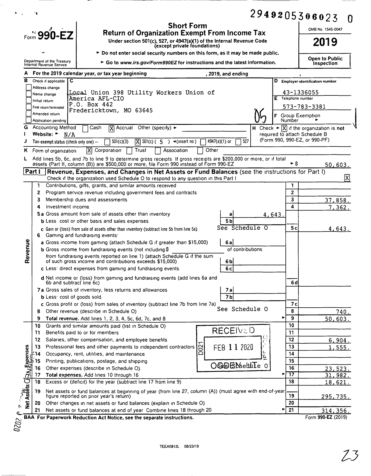 Image of first page of 2019 Form 990EO for UTILITY WORKERS UNION OF AMERICA - 398 Uwua