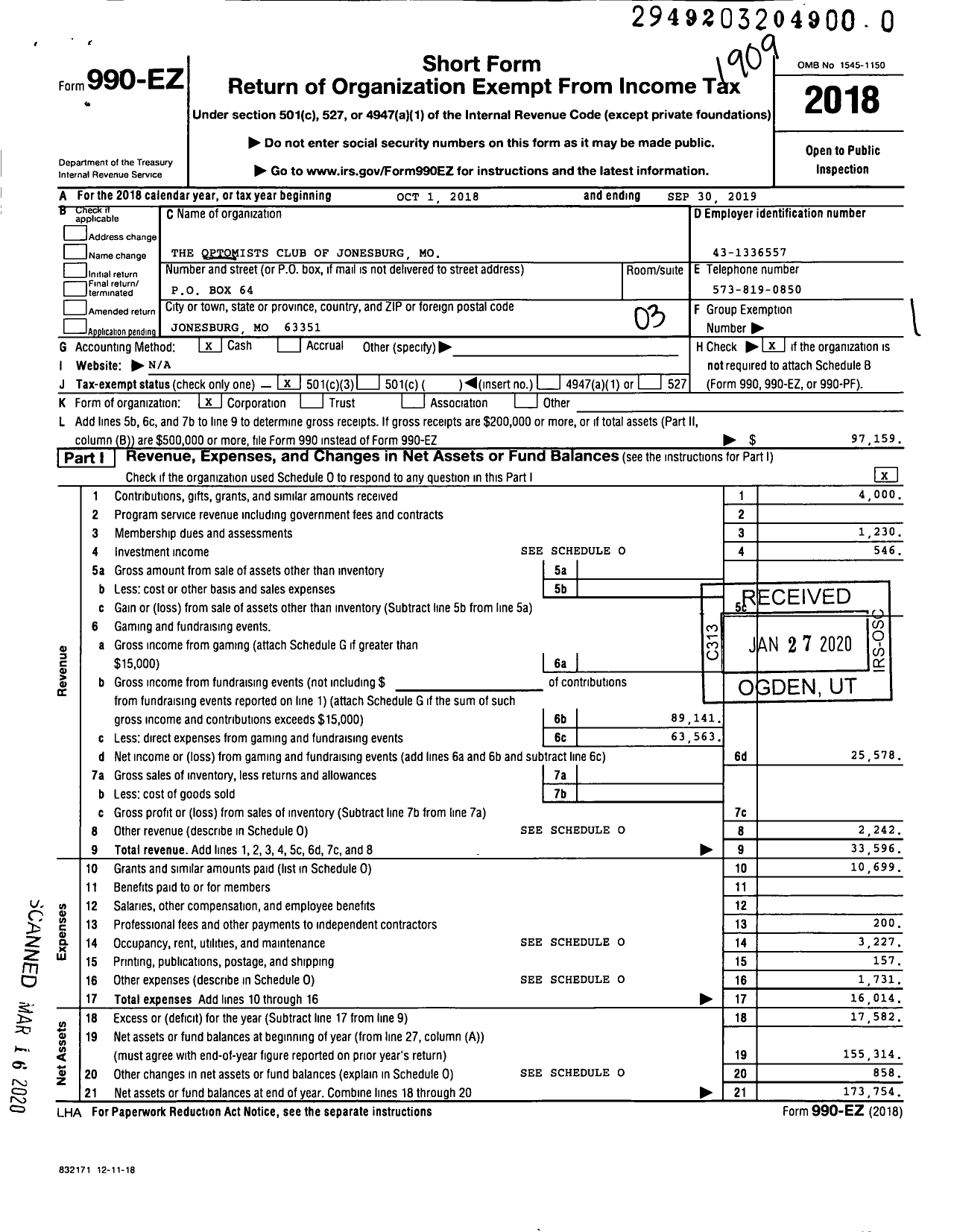 Image of first page of 2018 Form 990EZ for Optomists Club of Jonesburg Mo