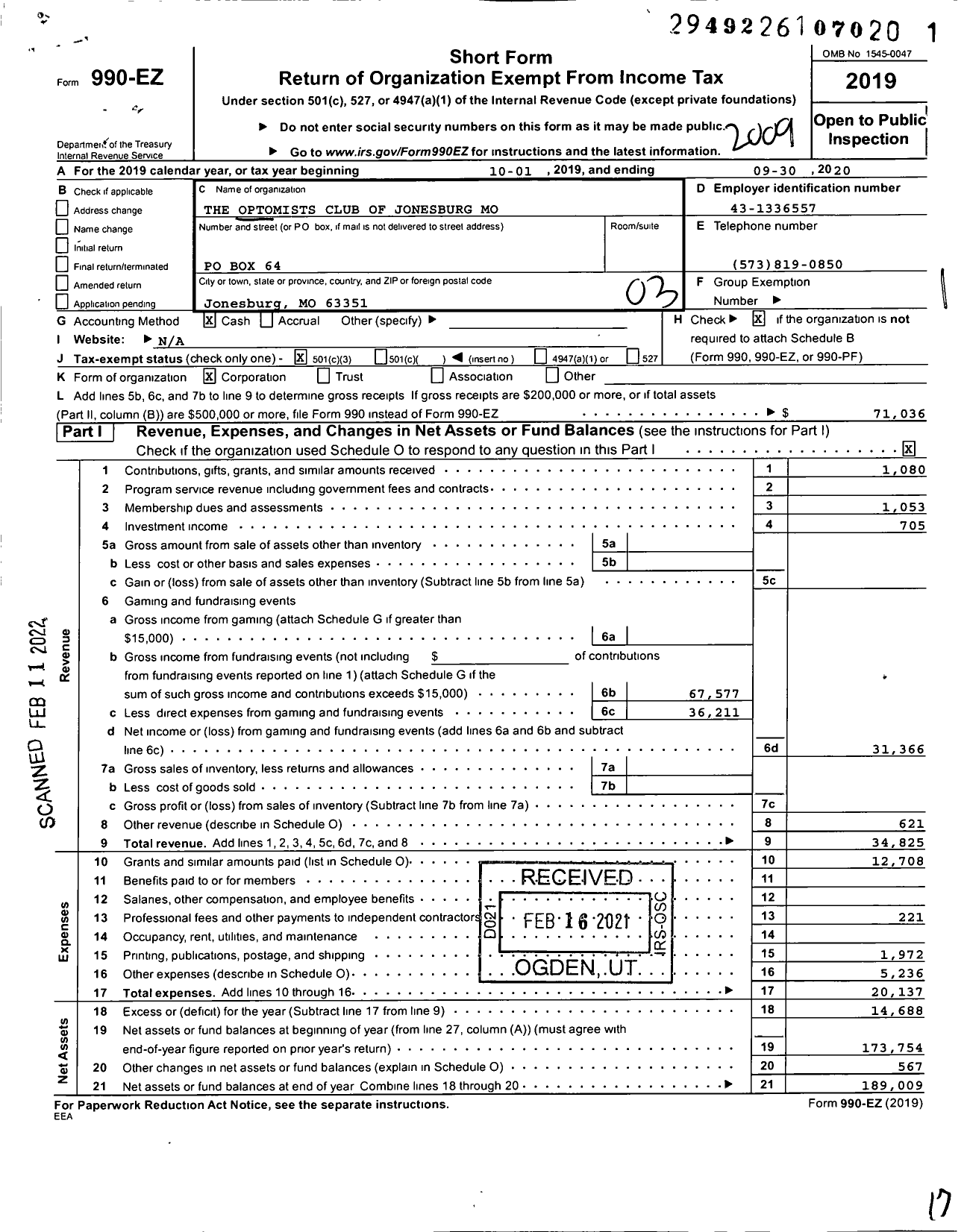 Image of first page of 2019 Form 990EZ for Optomists Club of Jonesburg Mo