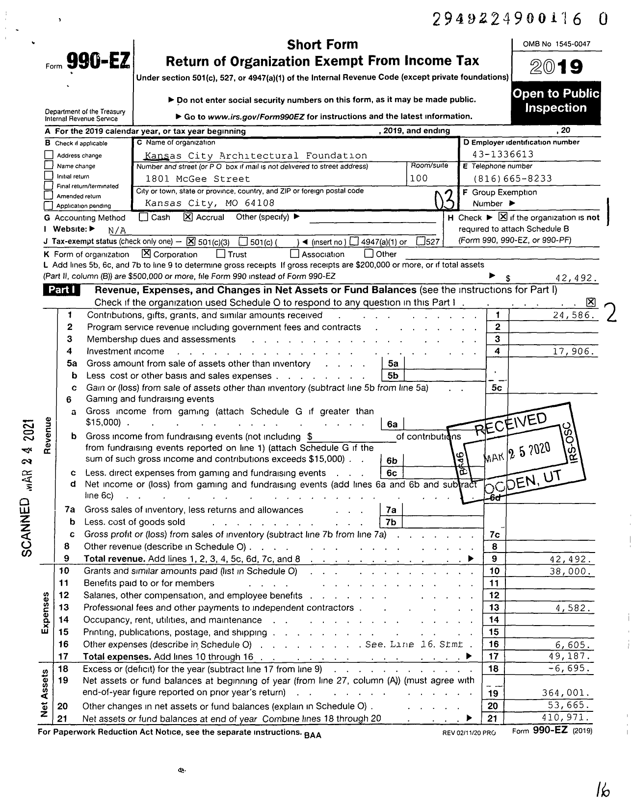 Image of first page of 2019 Form 990EZ for Kansas City Architectural Foundation