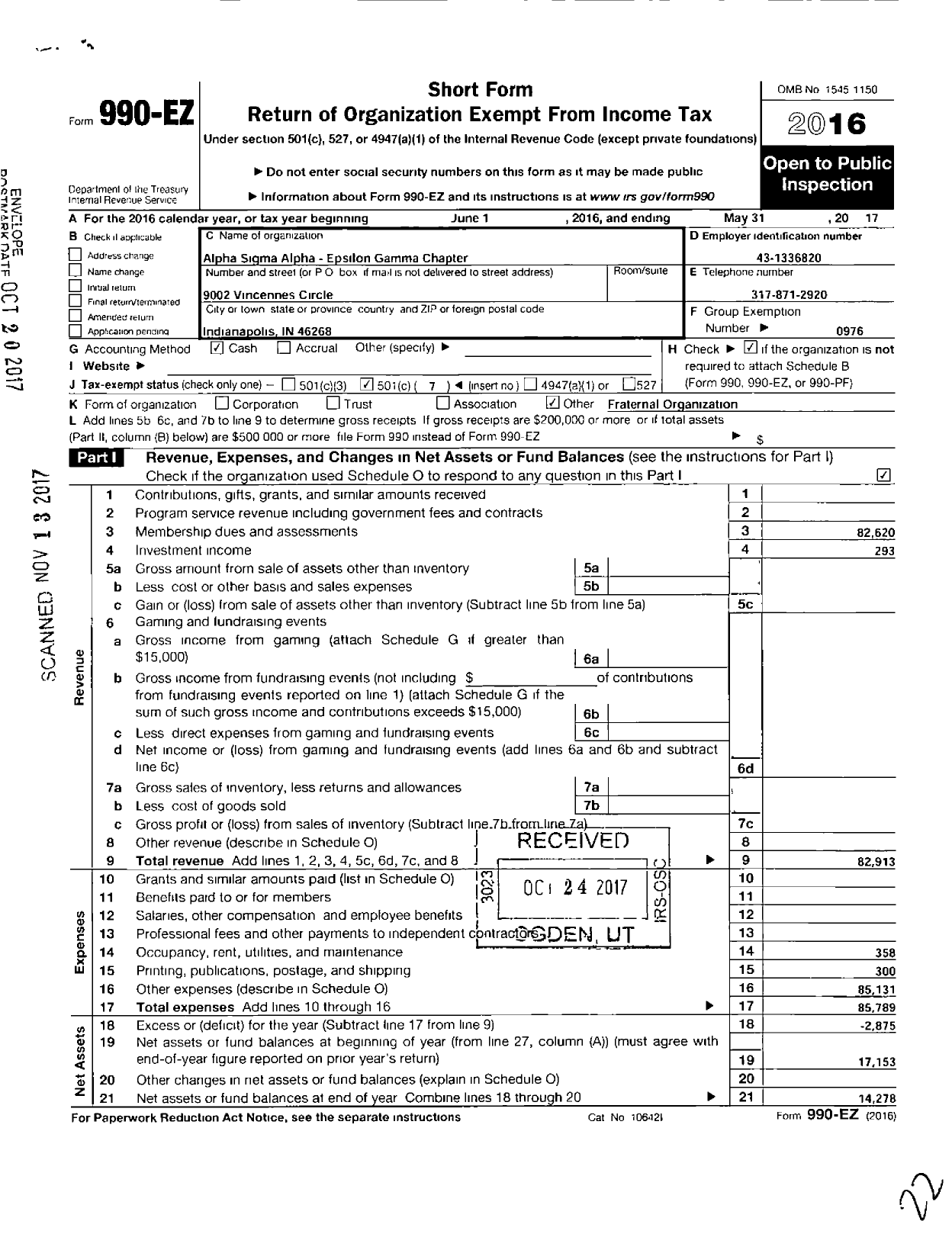 Image of first page of 2016 Form 990EO for ALPHA SIGMA ALPHA SORORITY Epsilon Gamma Chapter