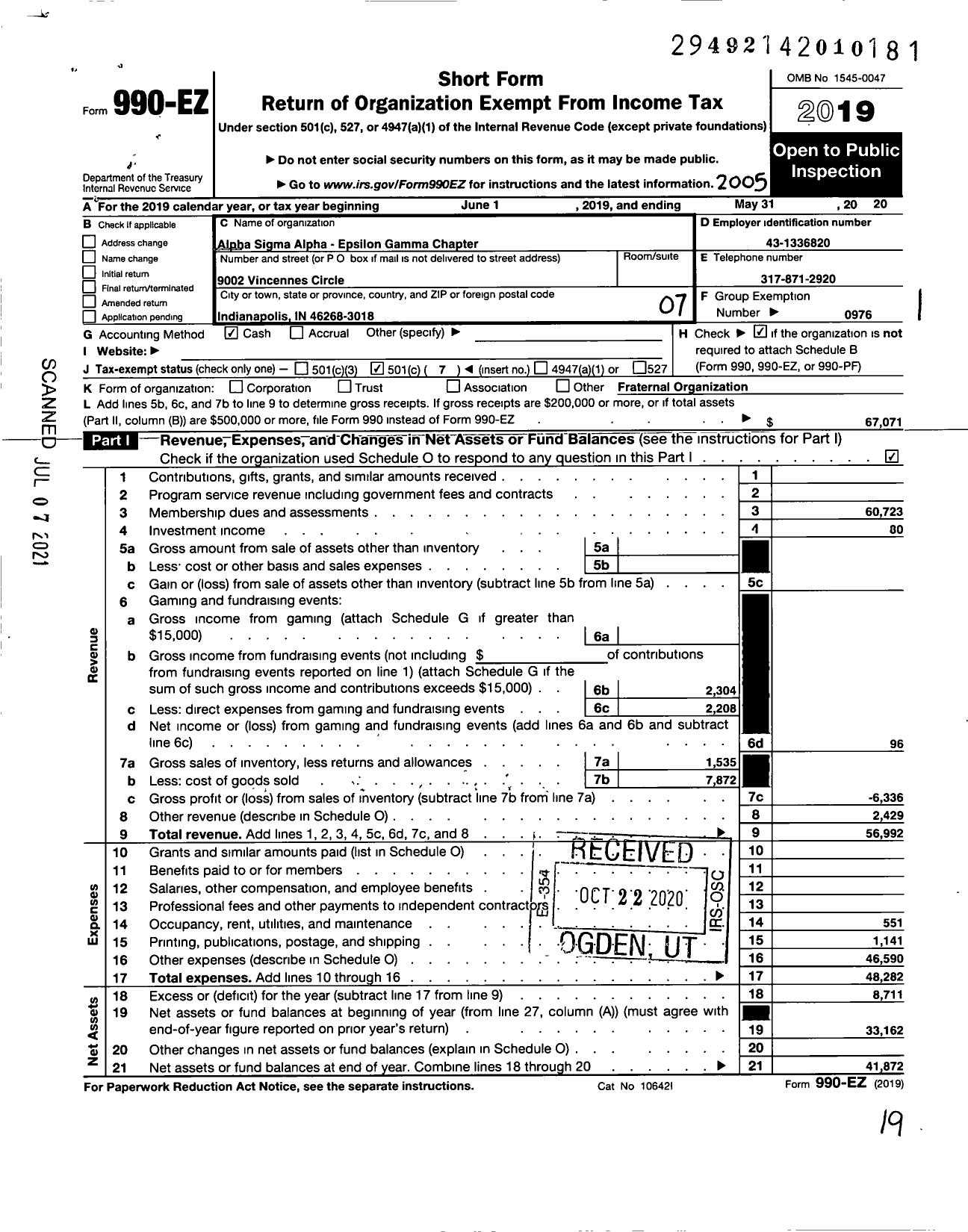 Image of first page of 2019 Form 990EO for ALPHA SIGMA ALPHA SORORITY Epsilon Gamma Chapter