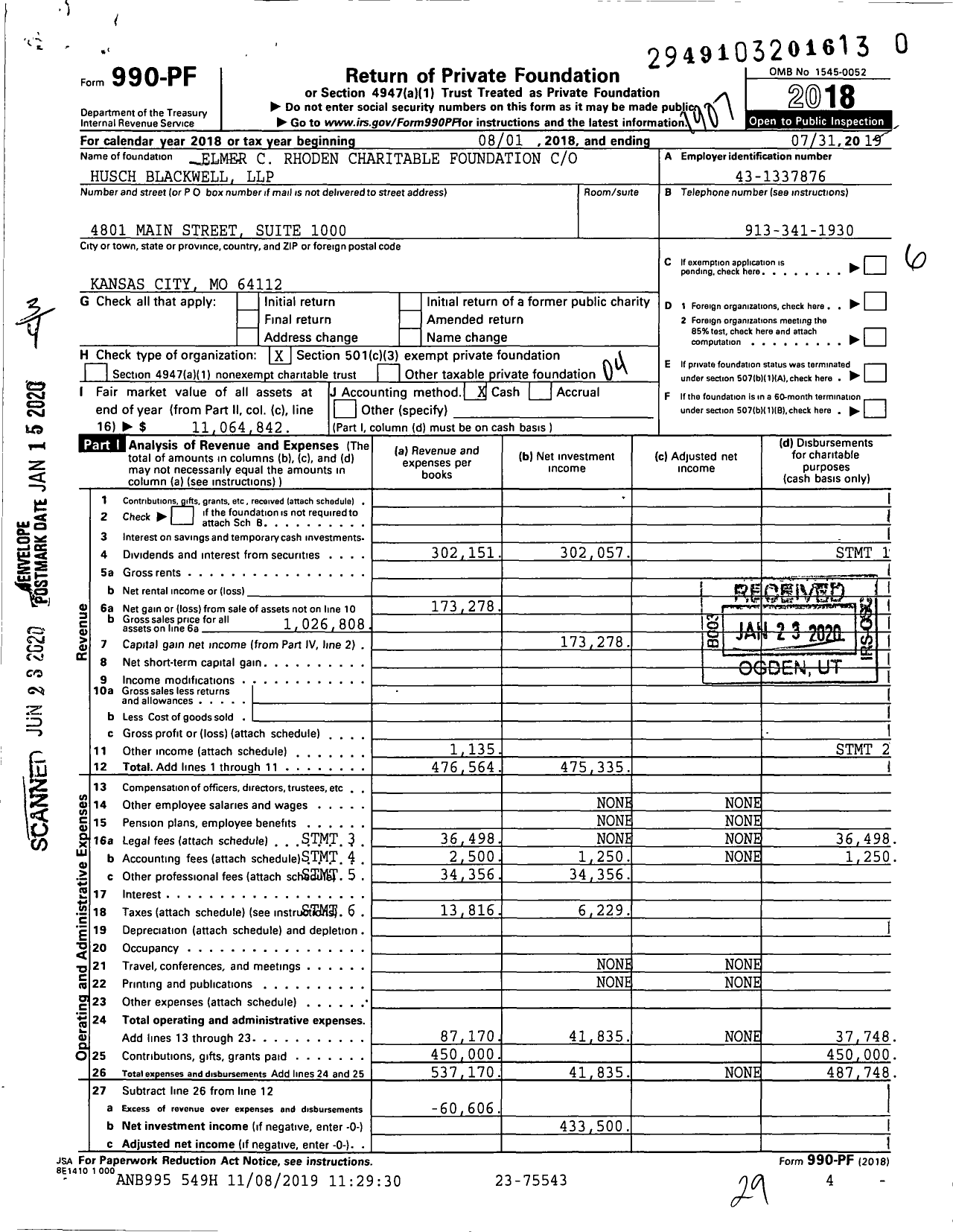 Image of first page of 2018 Form 990PR for Elmer C Rhoden Charitable Foundation