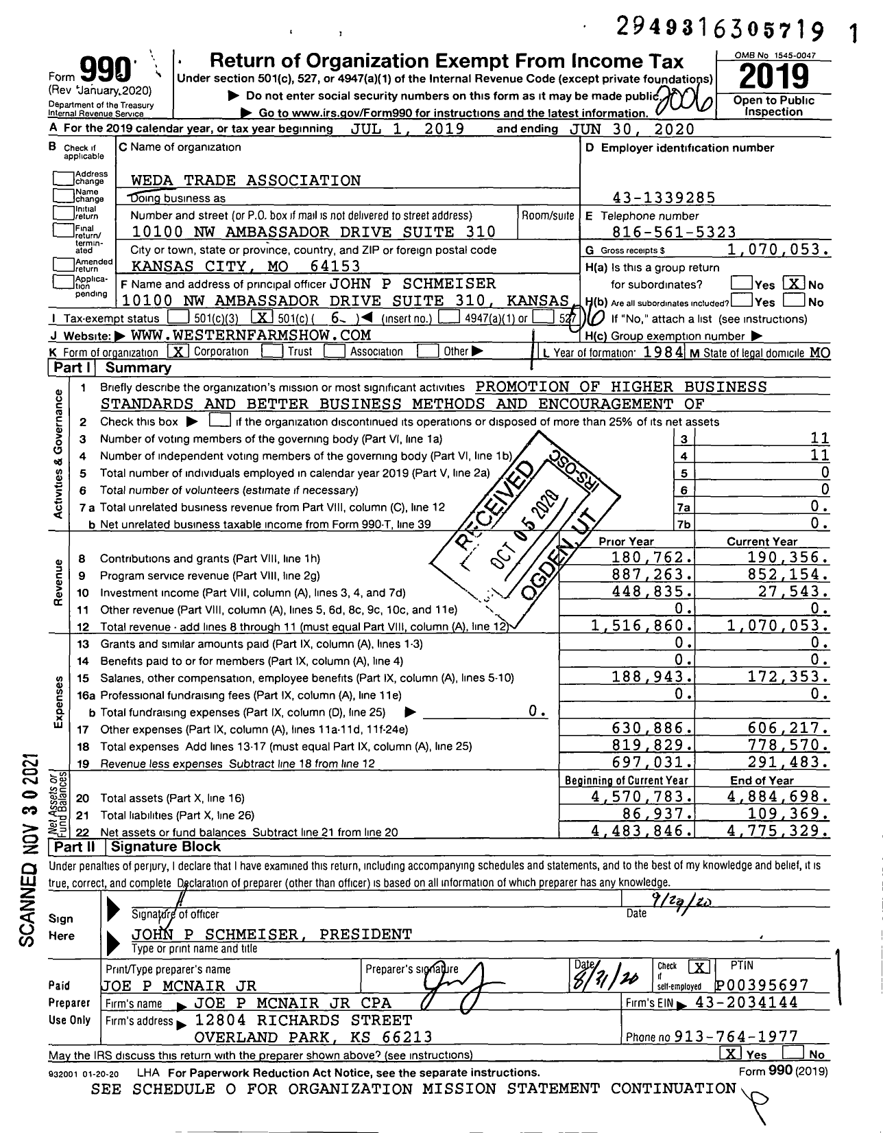 Image of first page of 2019 Form 990O for Weda Trade Association