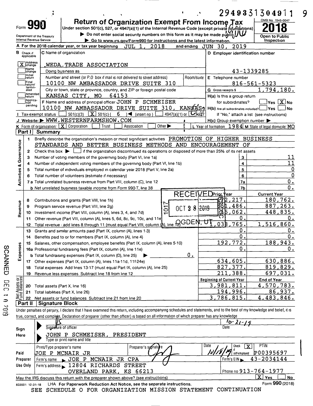 Image of first page of 2018 Form 990O for Weda Trade Association