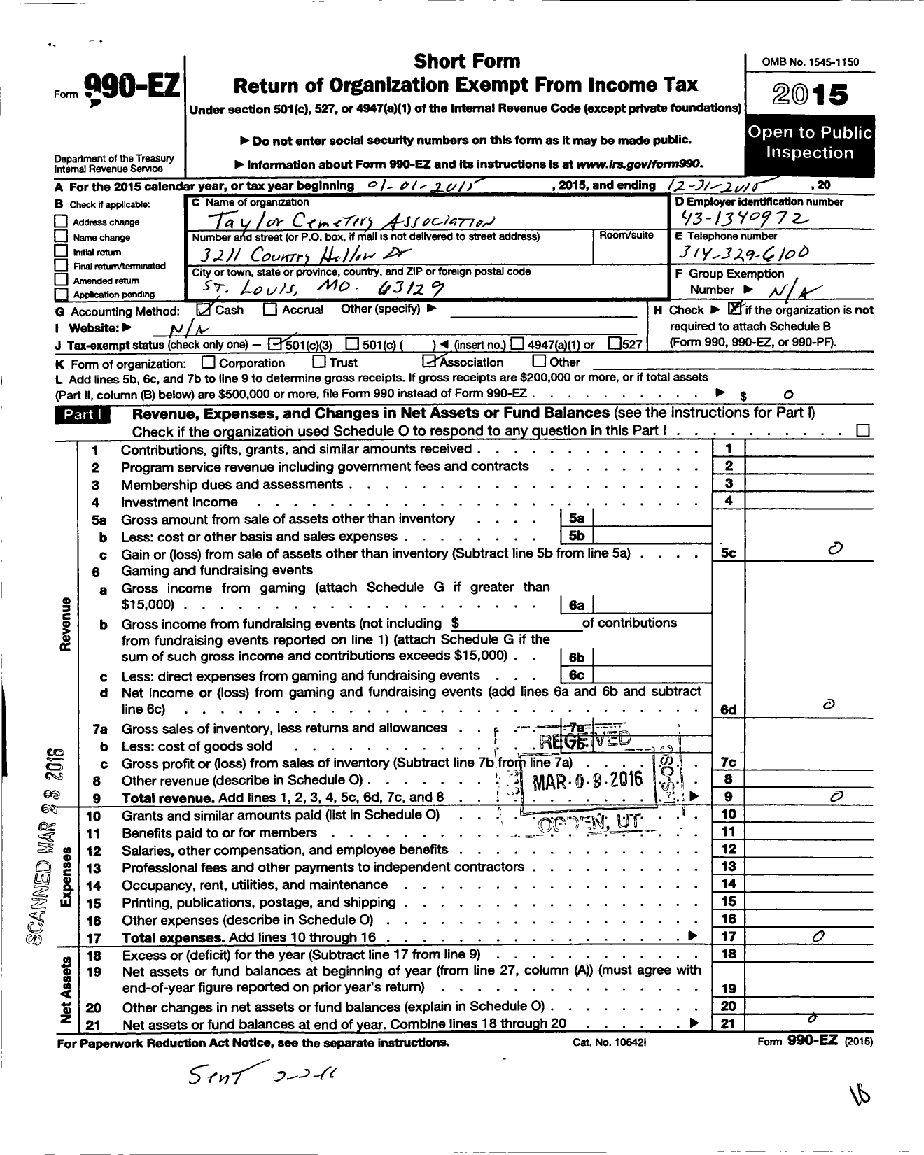 Image of first page of 2015 Form 990EZ for Taylor Cemetery Association