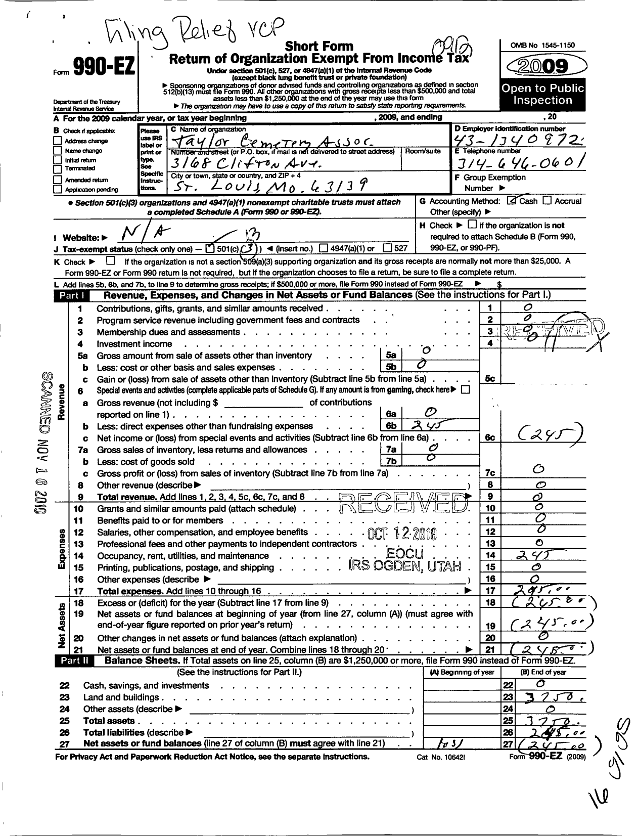 Image of first page of 2009 Form 990EO for Taylor Cemetery Association