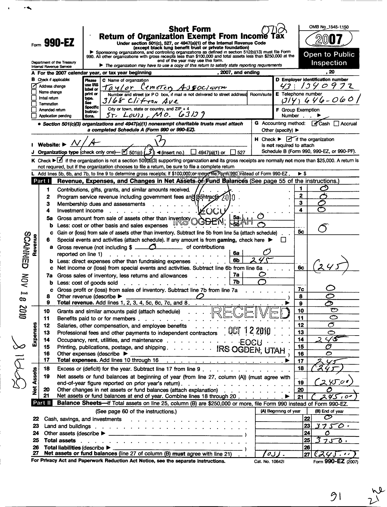 Image of first page of 2007 Form 990EO for Taylor Cemetery Association