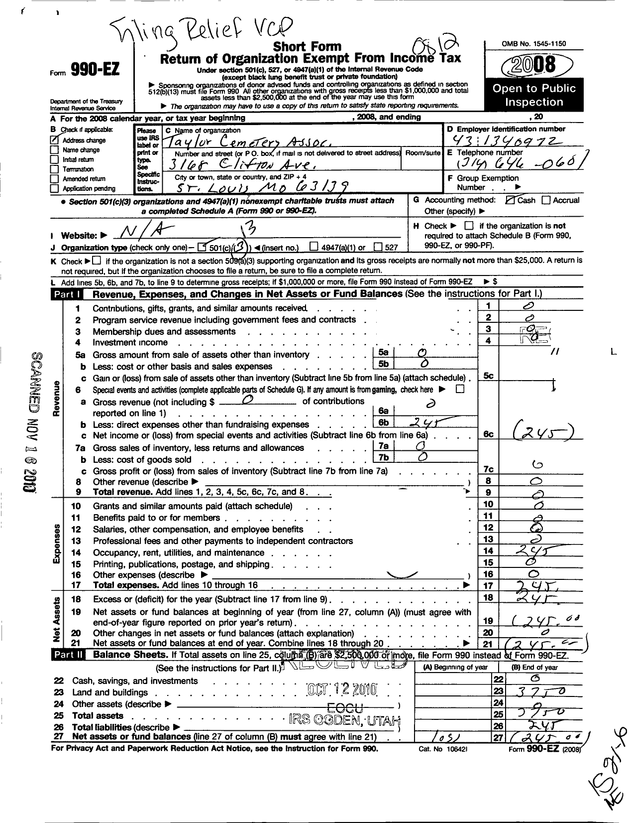 Image of first page of 2008 Form 990EO for Taylor Cemetery Association