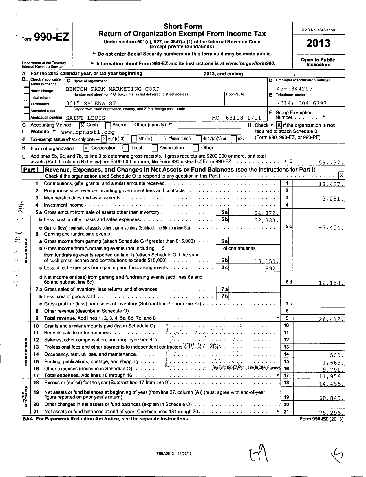 Image of first page of 2013 Form 990EZ for Benton Park Marketing Corporation