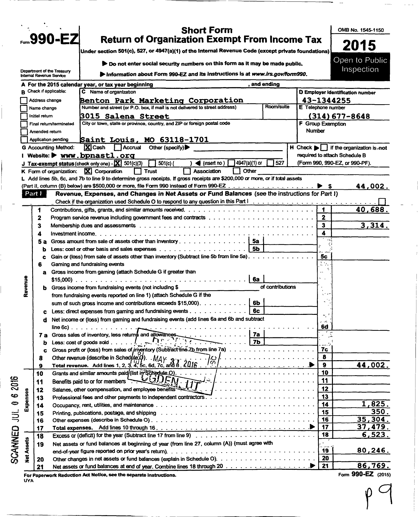 Image of first page of 2015 Form 990EZ for Benton Park Marketing Corporation