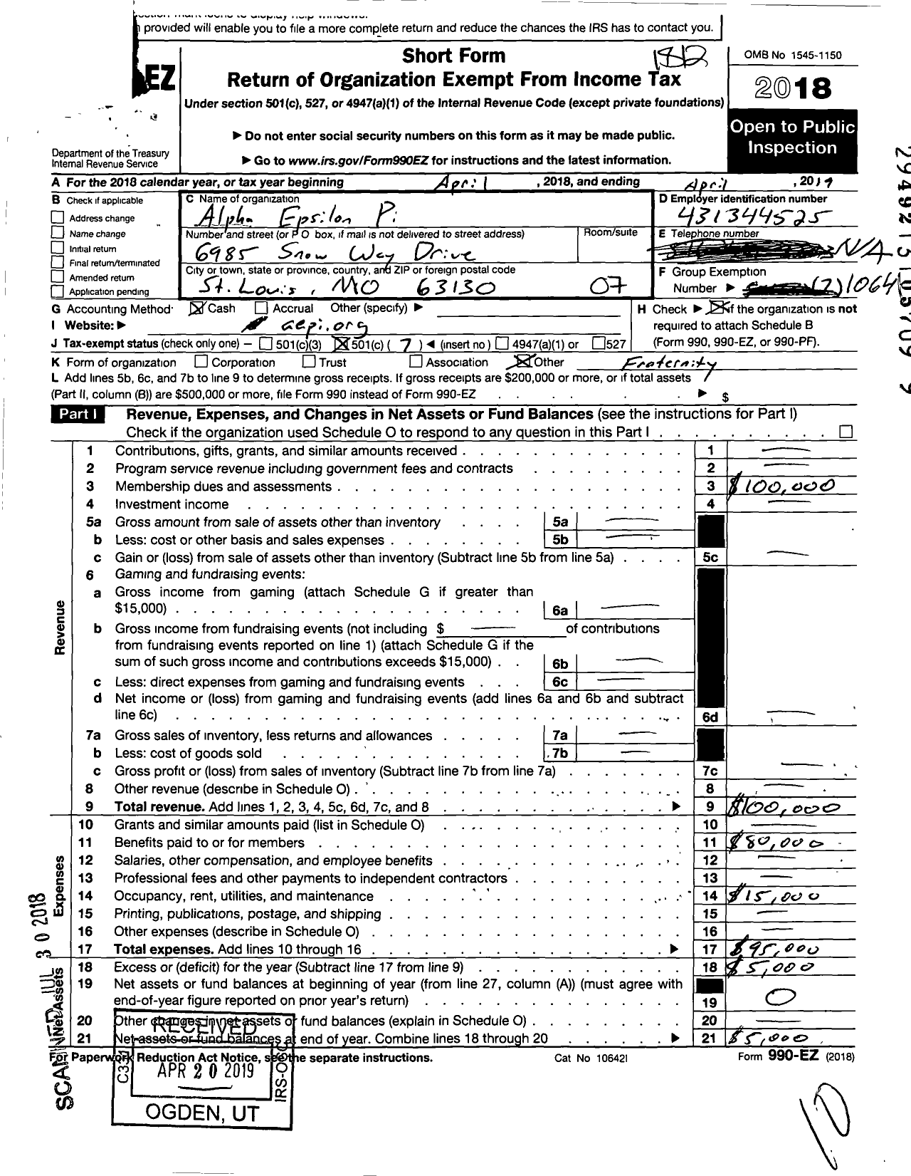Image of first page of 2018 Form 990EO for Alpha Epsilon Pi Fraternity / Sigma Chapter