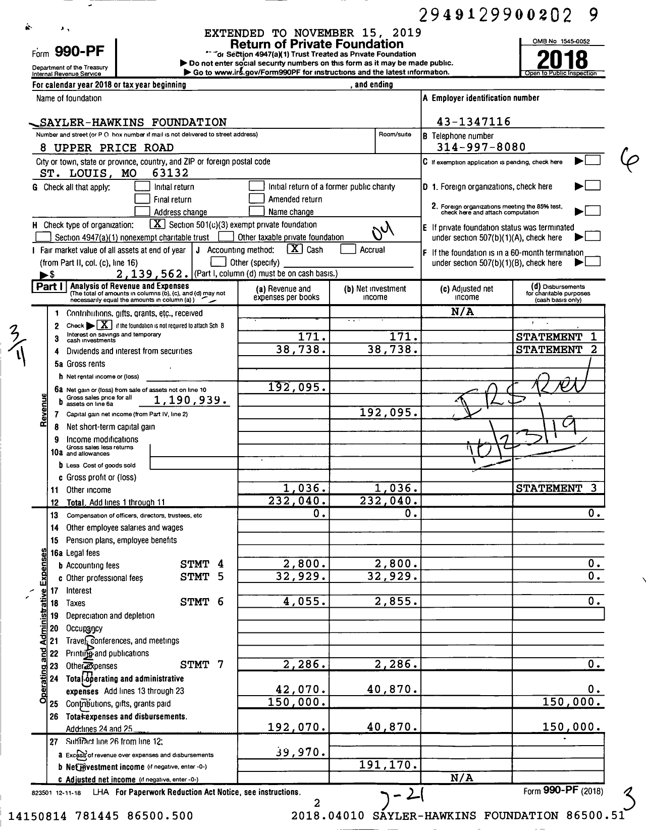 Image of first page of 2018 Form 990PF for Sayler-Hawkins Foundation