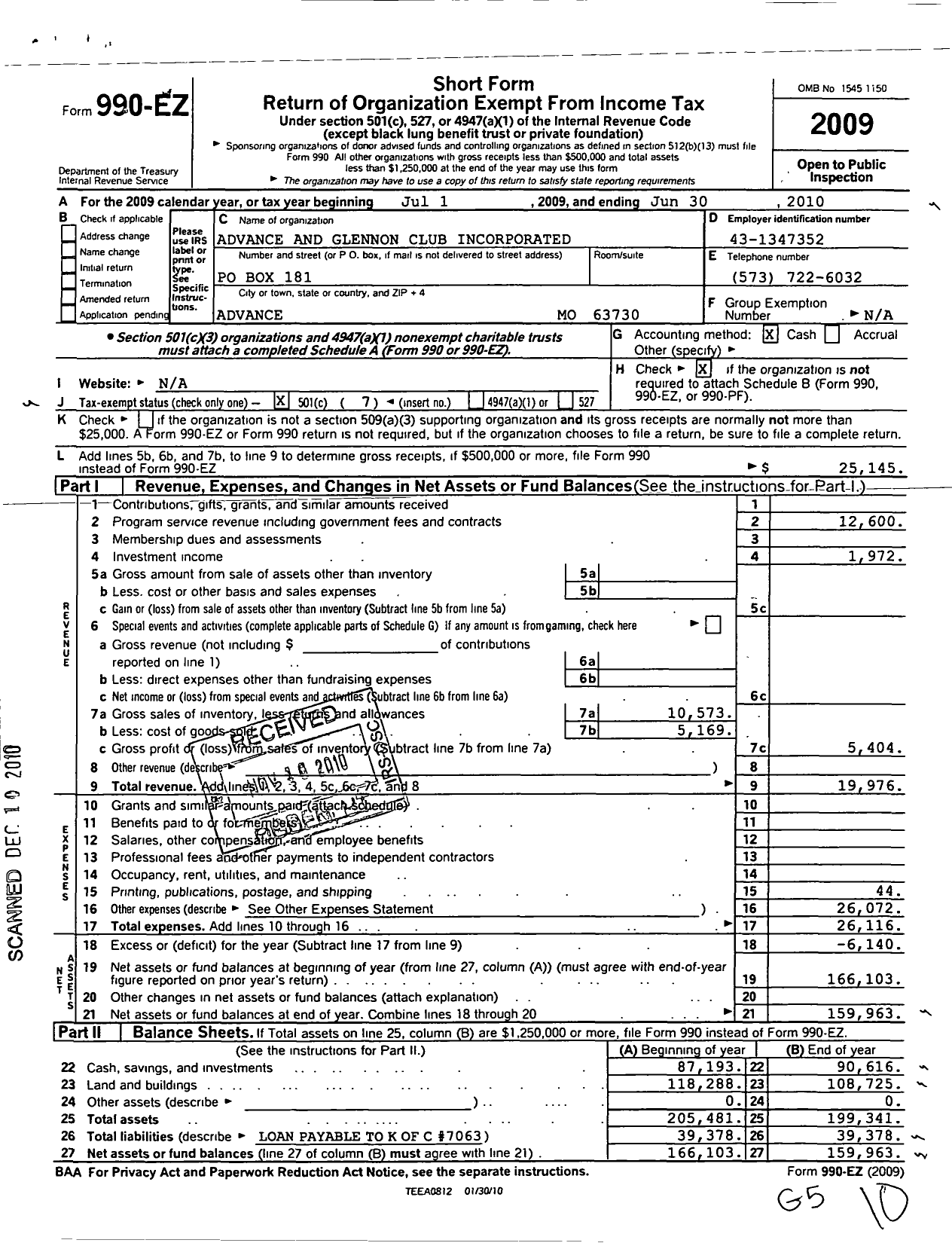 Image of first page of 2009 Form 990EO for Advance and Glennon Club Incorporated