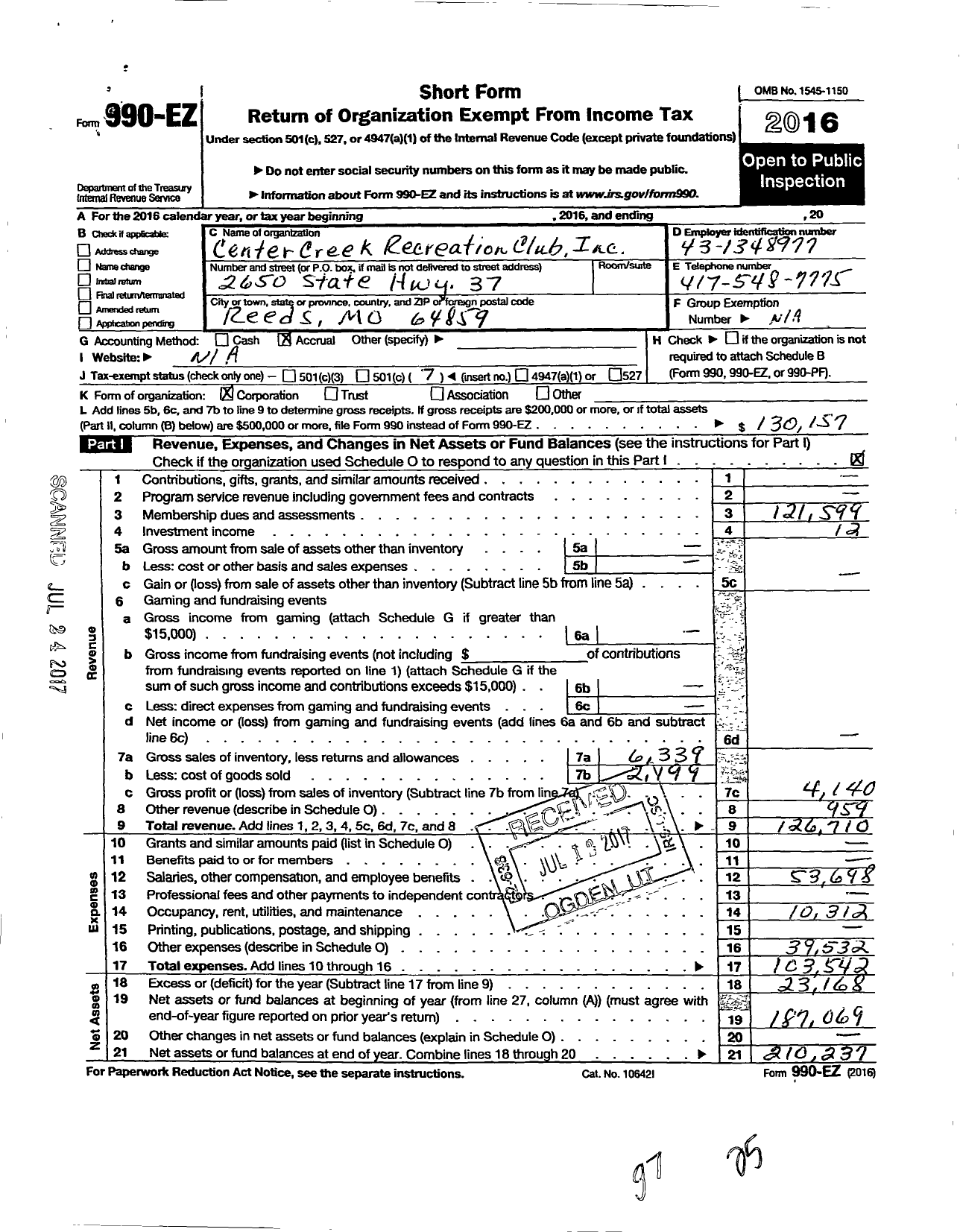 Image of first page of 2016 Form 990EO for Center Creek Recreation Club