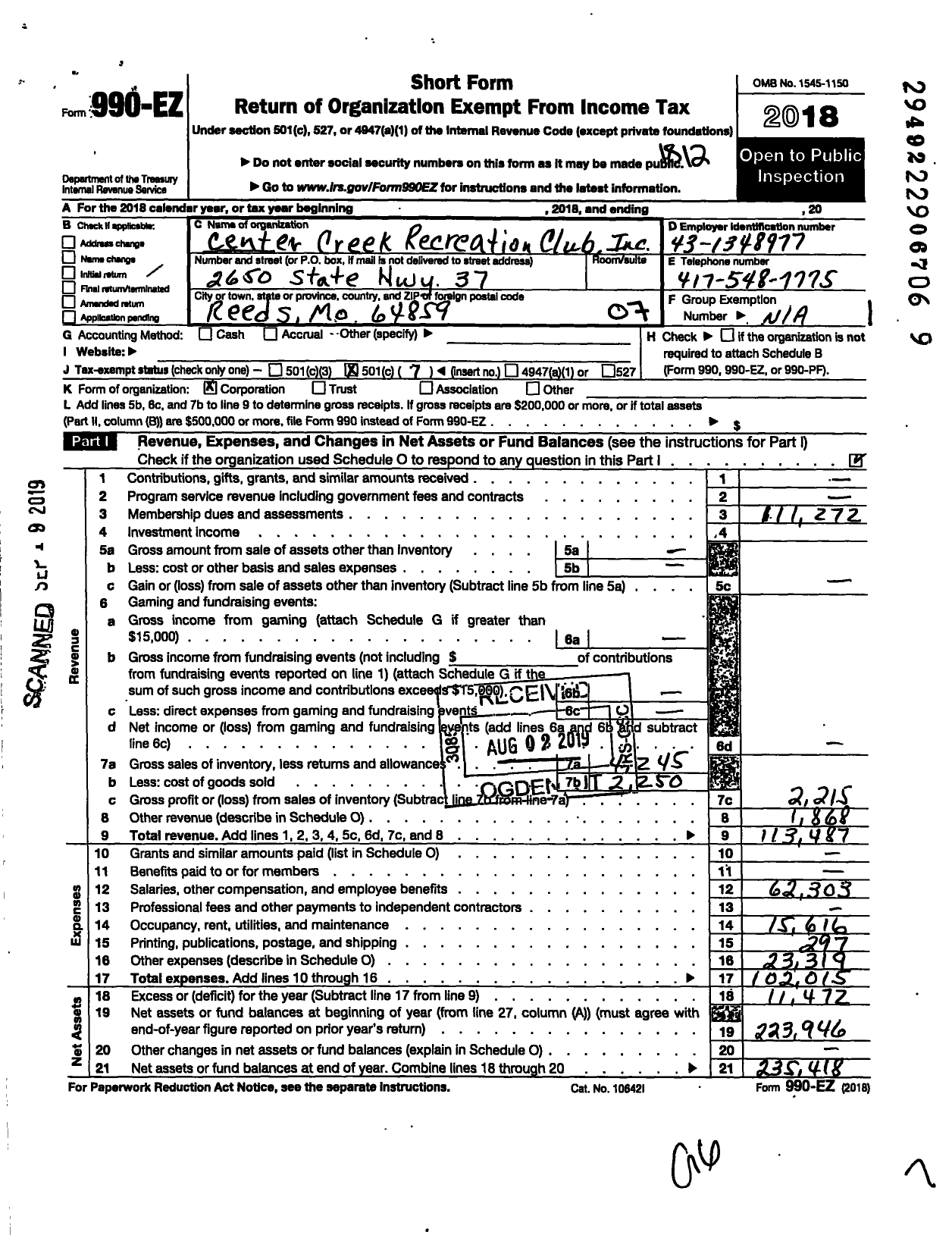 Image of first page of 2018 Form 990EO for Center Creek Recreation Club