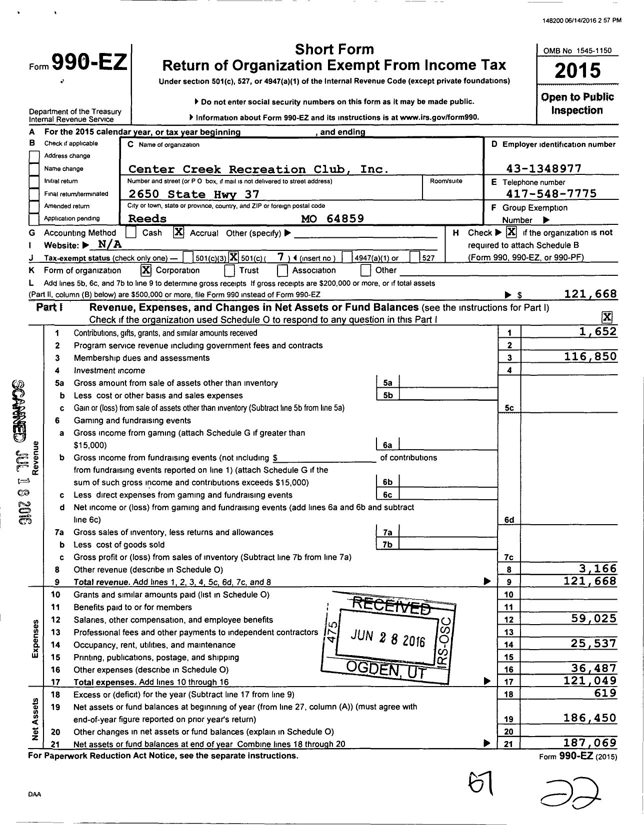 Image of first page of 2015 Form 990EO for Center Creek Recreation Club