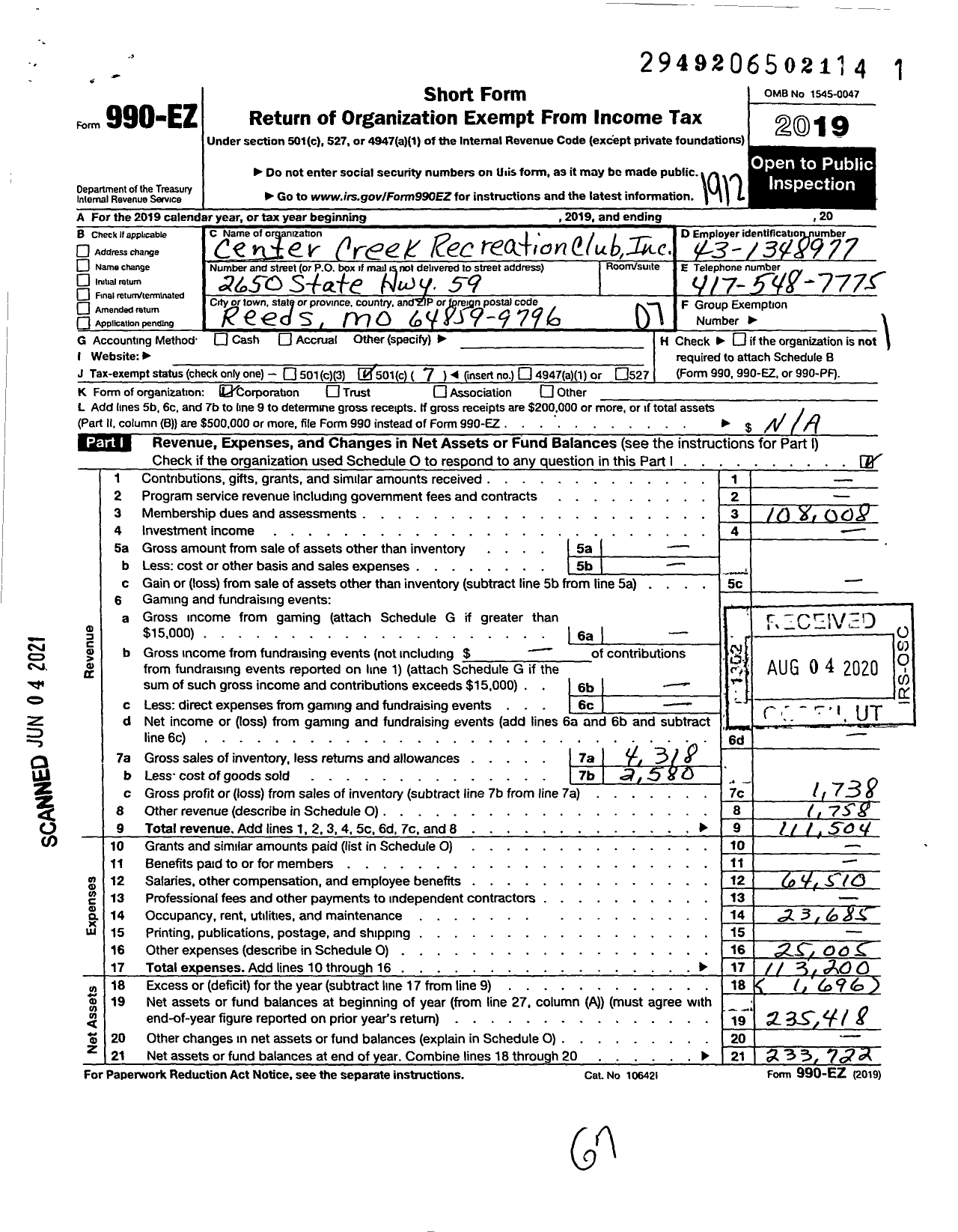 Image of first page of 2019 Form 990EO for Center Creek Recreation Club