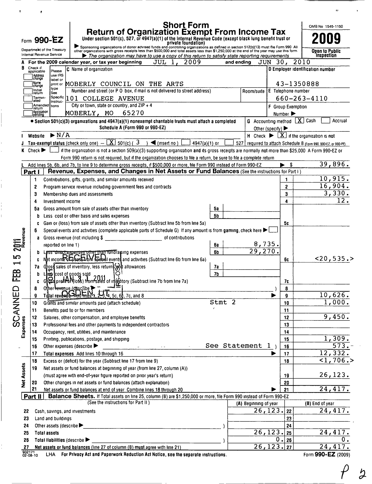 Image of first page of 2009 Form 990EZ for Moberly Area Council on the Arts