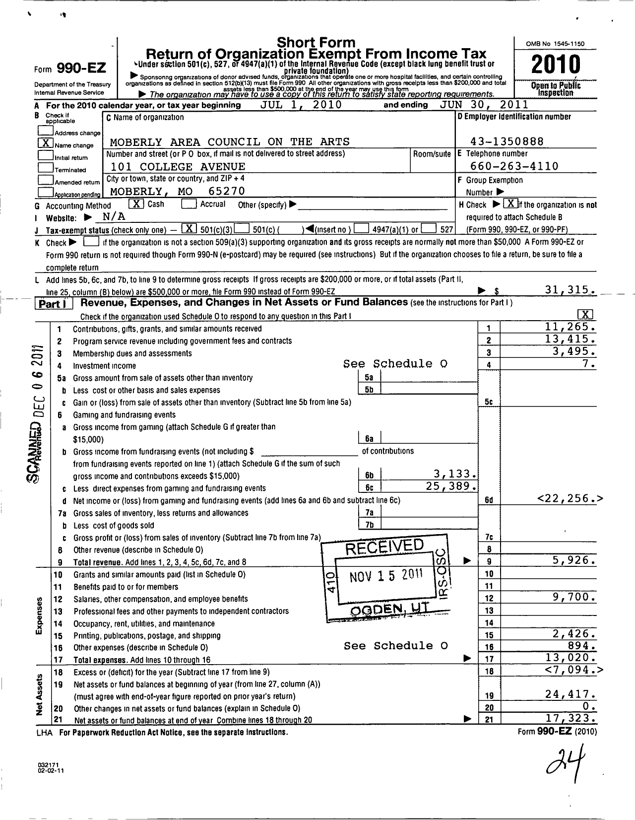 Image of first page of 2010 Form 990EZ for Moberly Area Council on the Arts