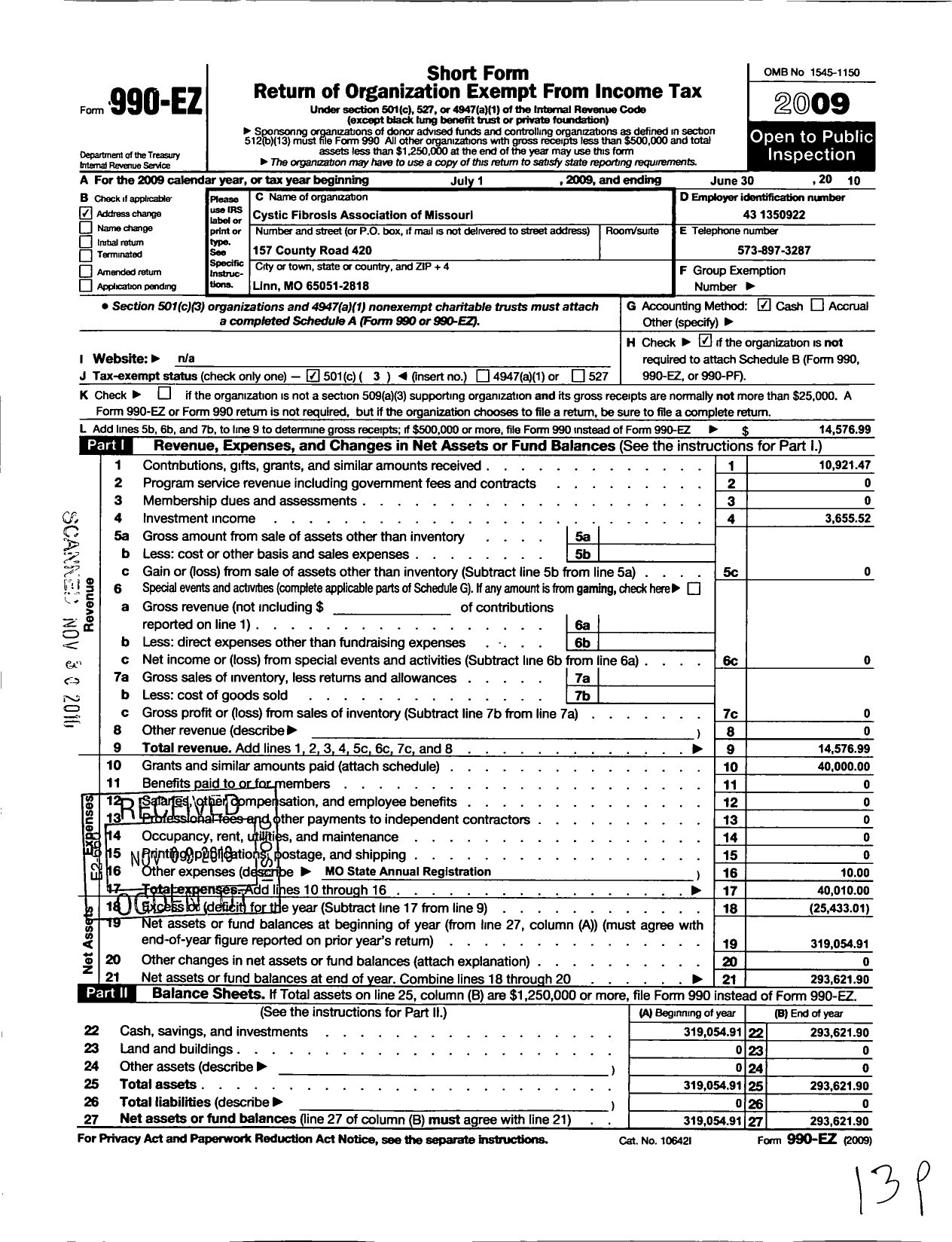 Image of first page of 2009 Form 990EZ for Cystic Fibrosis Association of Missouri