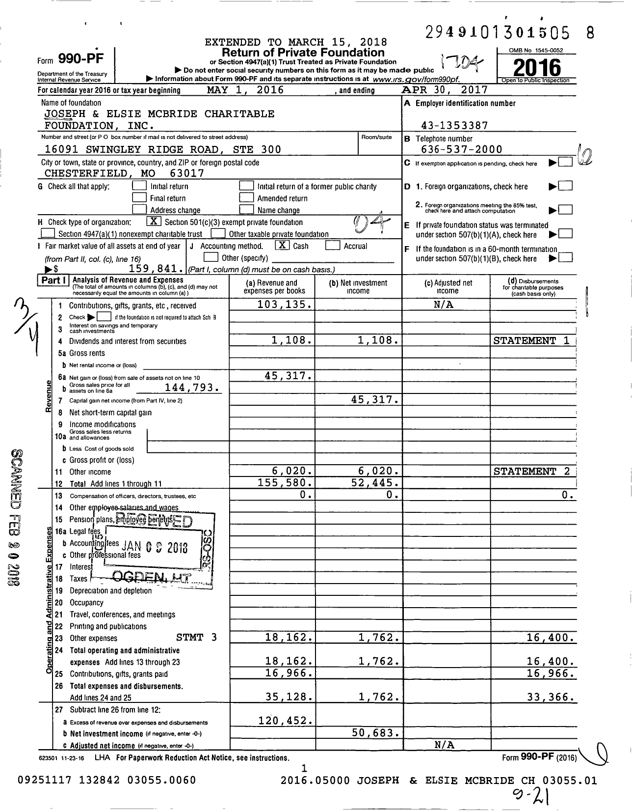 Image of first page of 2016 Form 990PF for Joseph and Elsie Mcbride Charitable Foundation