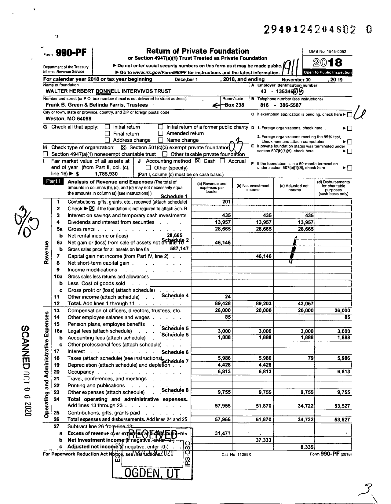 Image of first page of 2018 Form 990PR for Walter Herbert Bonnell Intervivos Trust