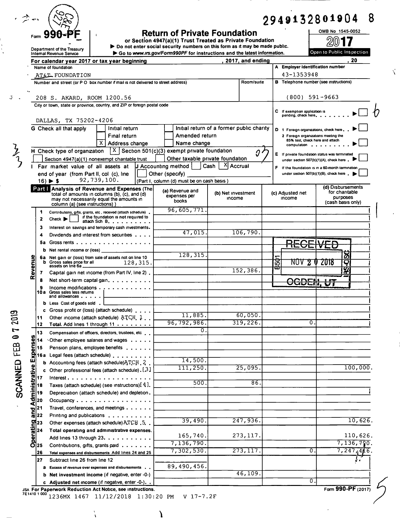 Image of first page of 2017 Form 990PF for AT&T Foundation