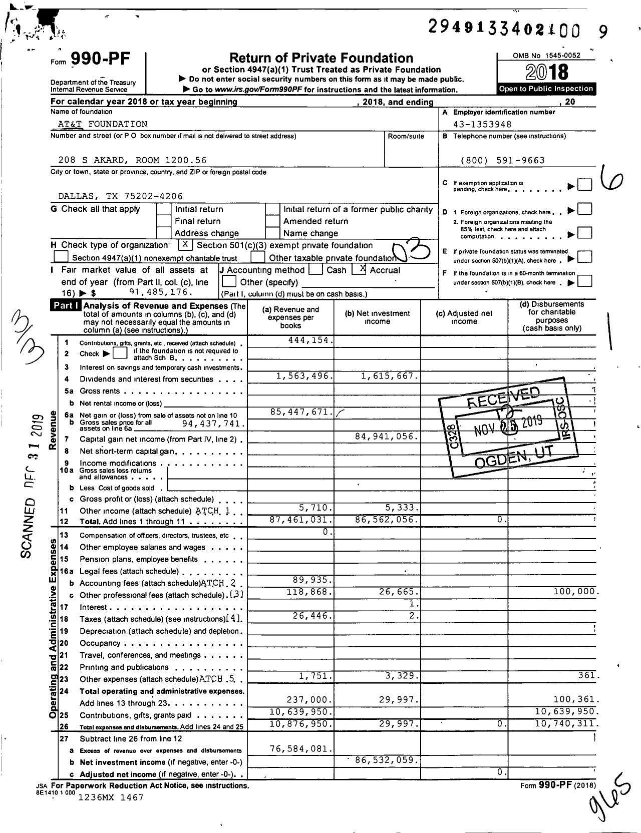 Image of first page of 2018 Form 990PF for AT&T Foundation