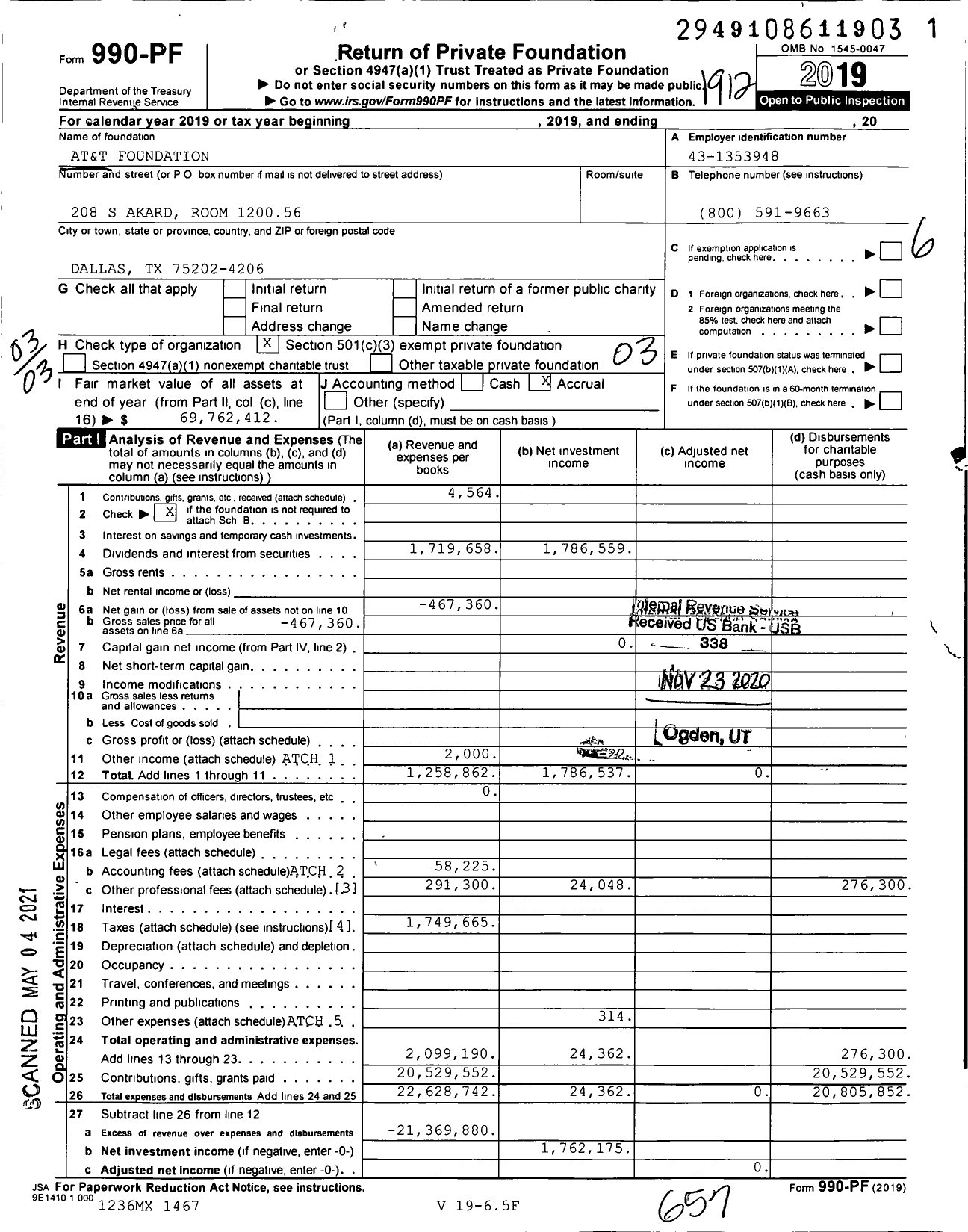 Image of first page of 2019 Form 990PF for AT&T Foundation