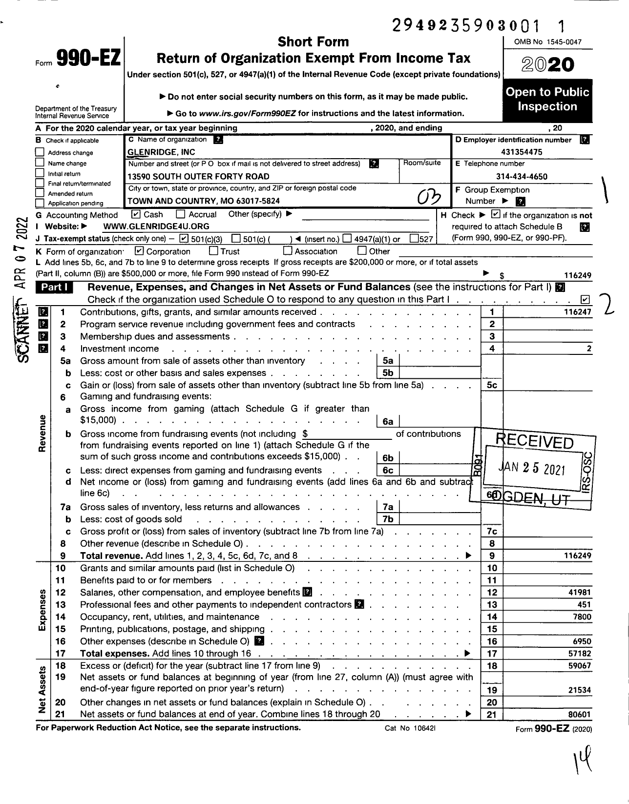 Image of first page of 2020 Form 990EZ for Glenridge