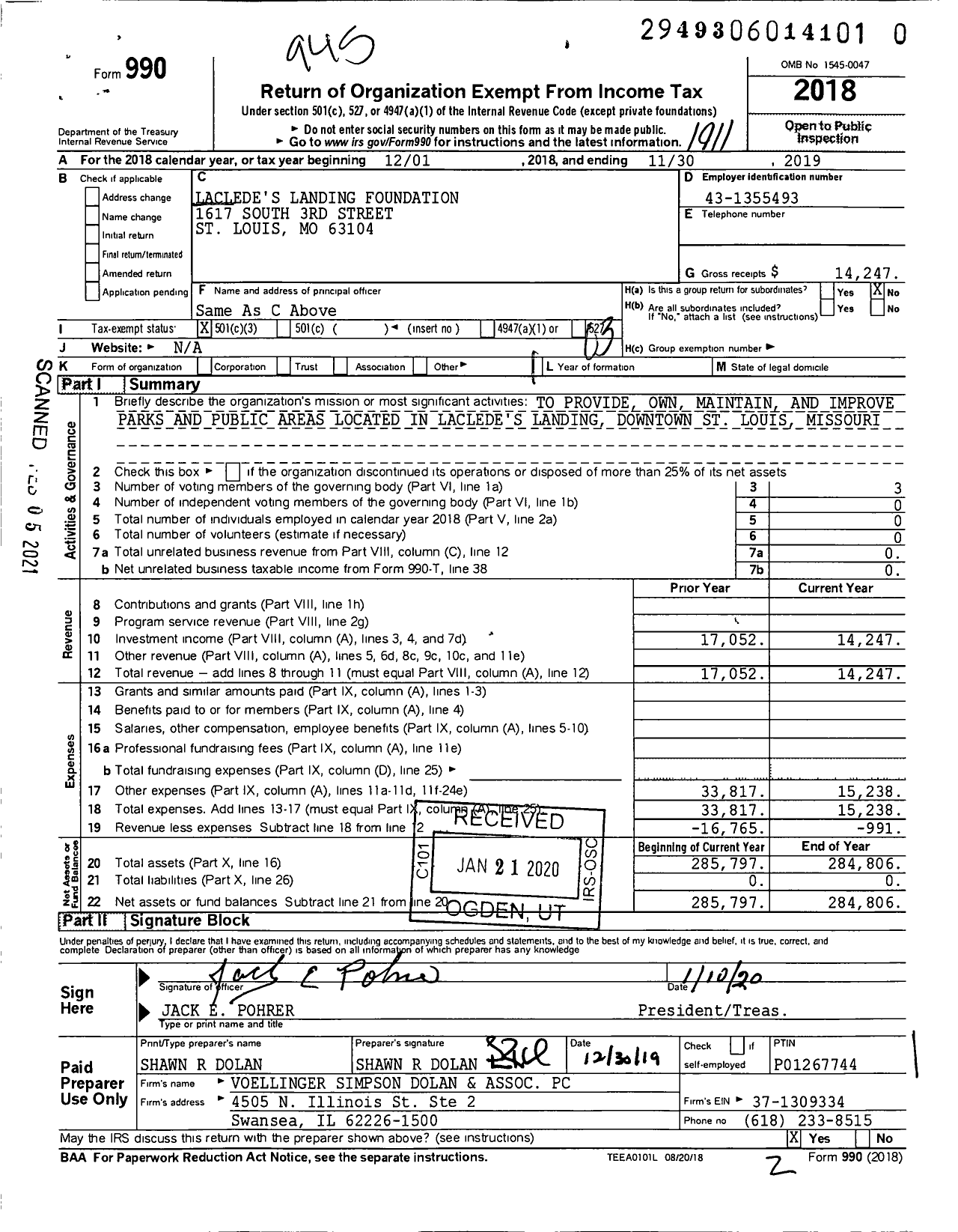 Image of first page of 2018 Form 990 for Lacledes Landing Foundation