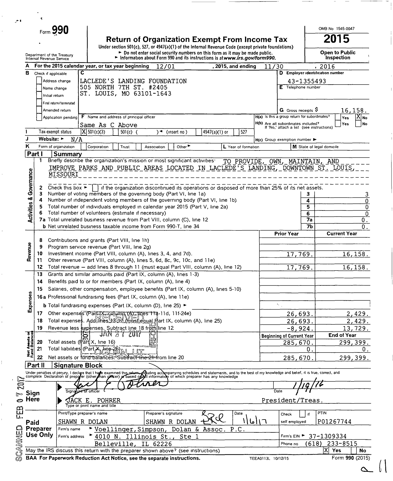 Image of first page of 2015 Form 990 for Lacledes Landing Foundation