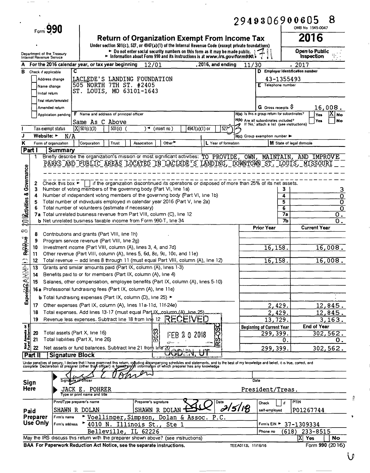 Image of first page of 2016 Form 990 for Lacledes Landing Foundation