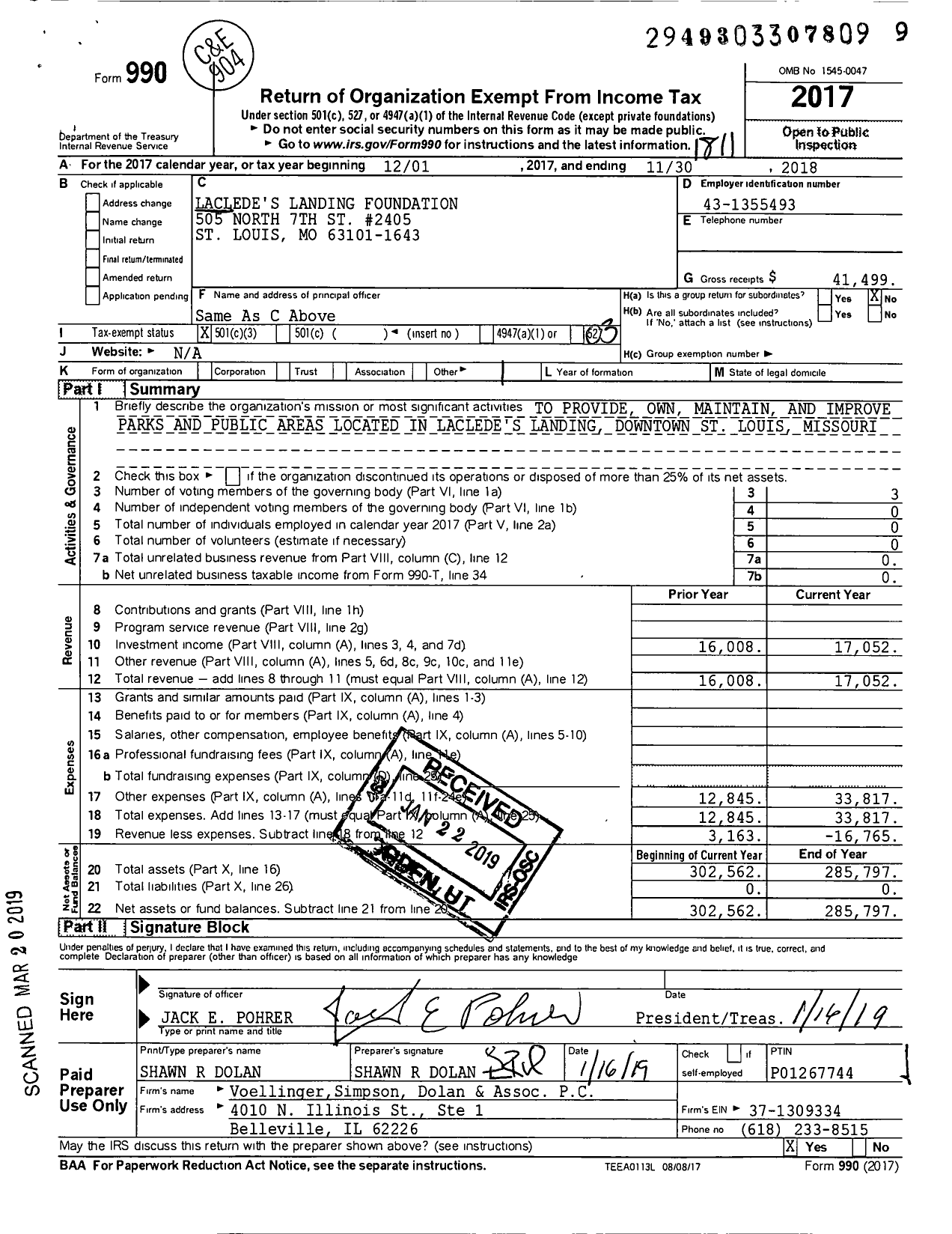 Image of first page of 2017 Form 990 for Lacledes Landing Foundation