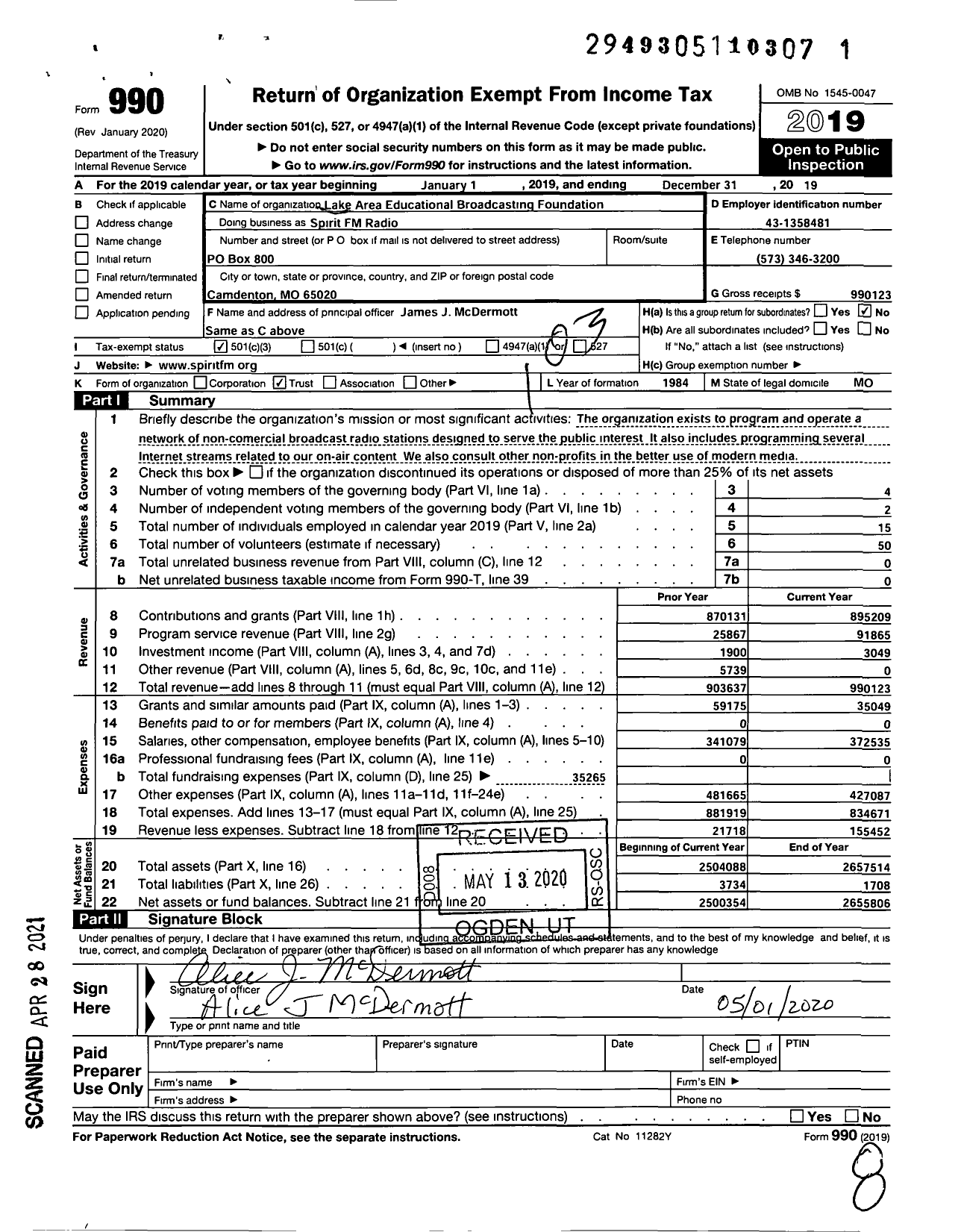 Image of first page of 2019 Form 990 for Lake Area Educational Broadcasting Foundation Spirit FM RadioConnect Media Ministries