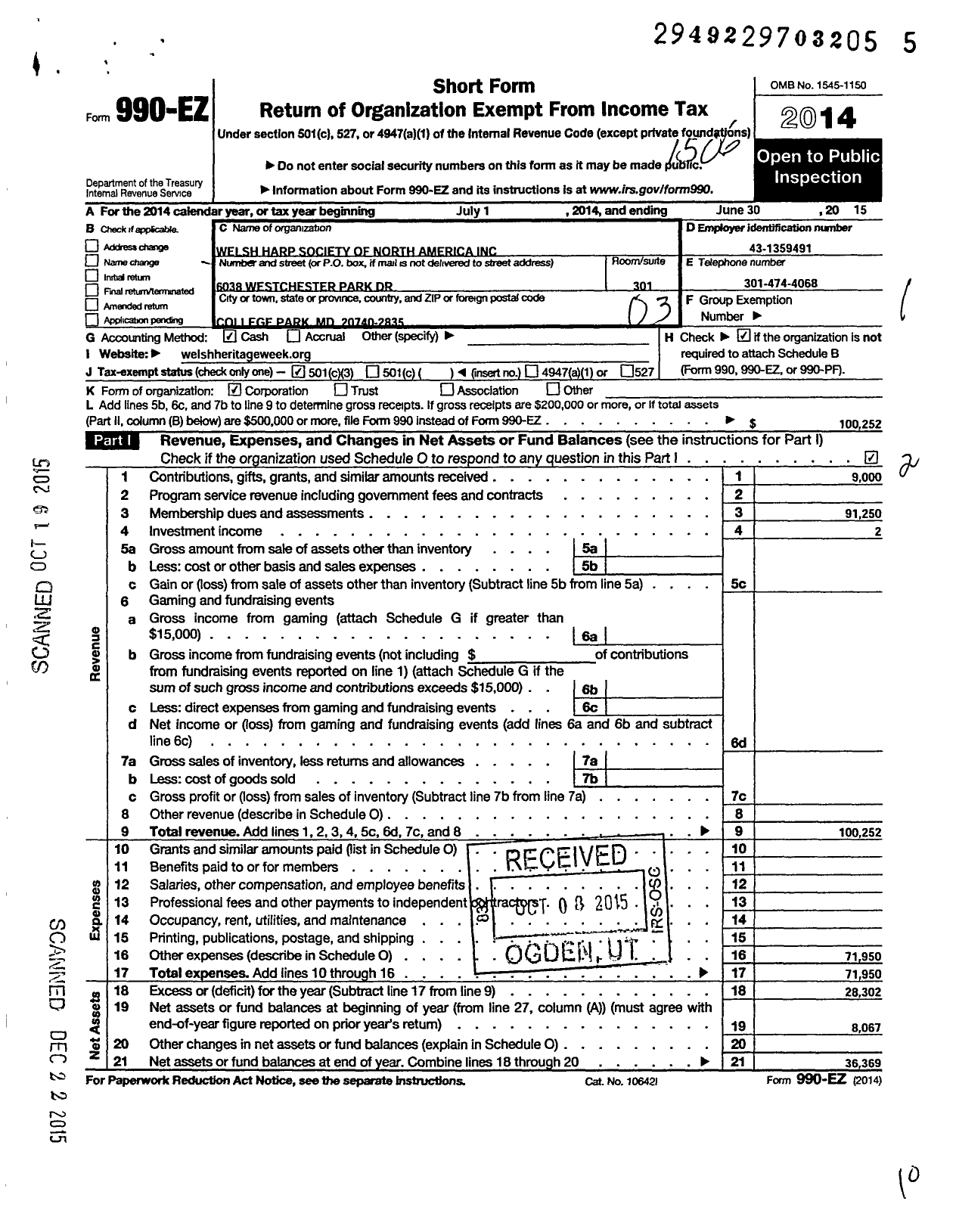 Image of first page of 2014 Form 990EZ for Welsh Harp Society of North America Incorporated