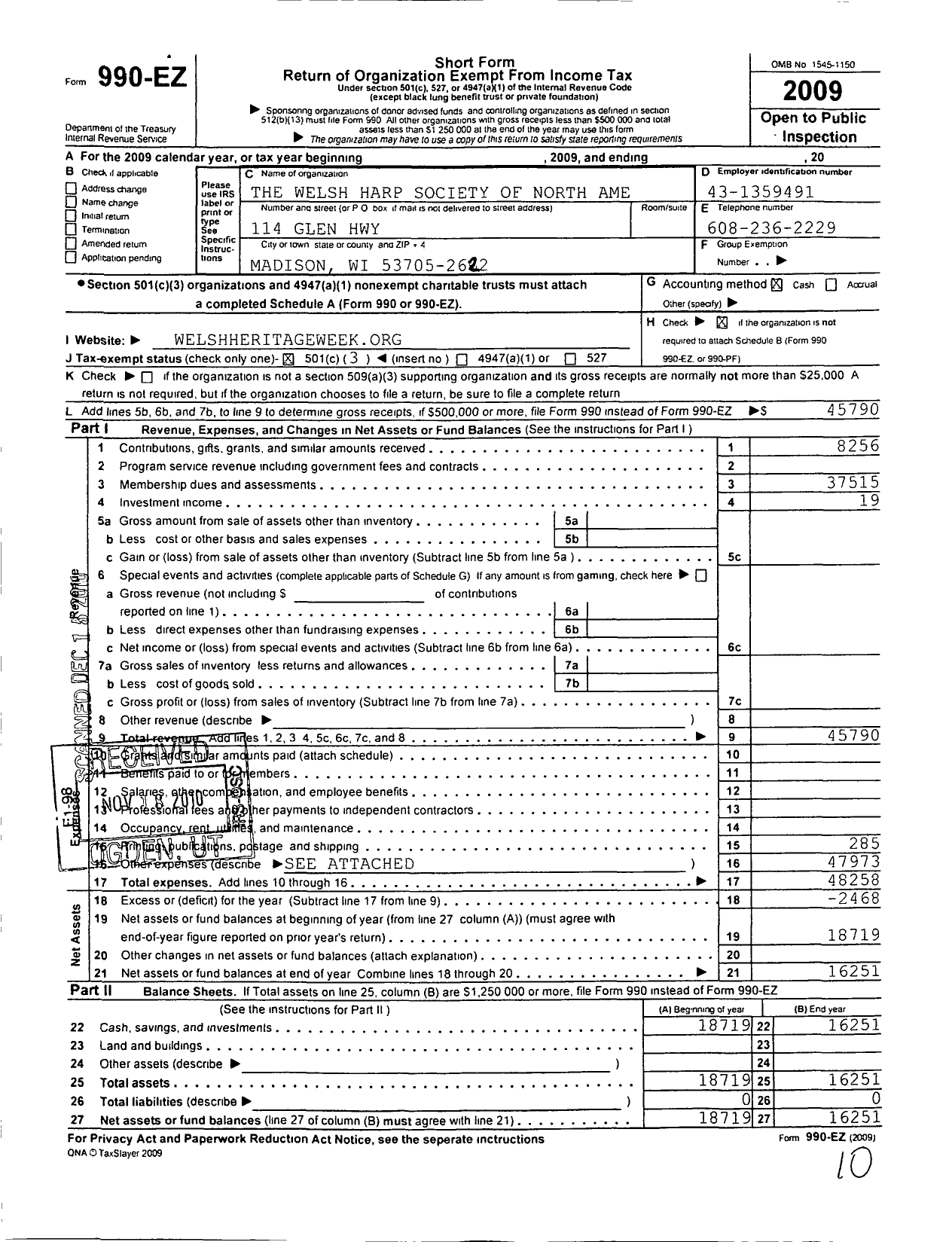 Image of first page of 2009 Form 990EZ for Welsh Harp Society of North America Incorporated