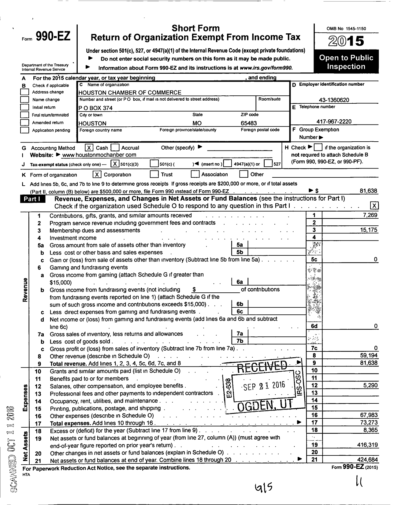 Image of first page of 2015 Form 990EZ for Houston Area Chamber of Commerce