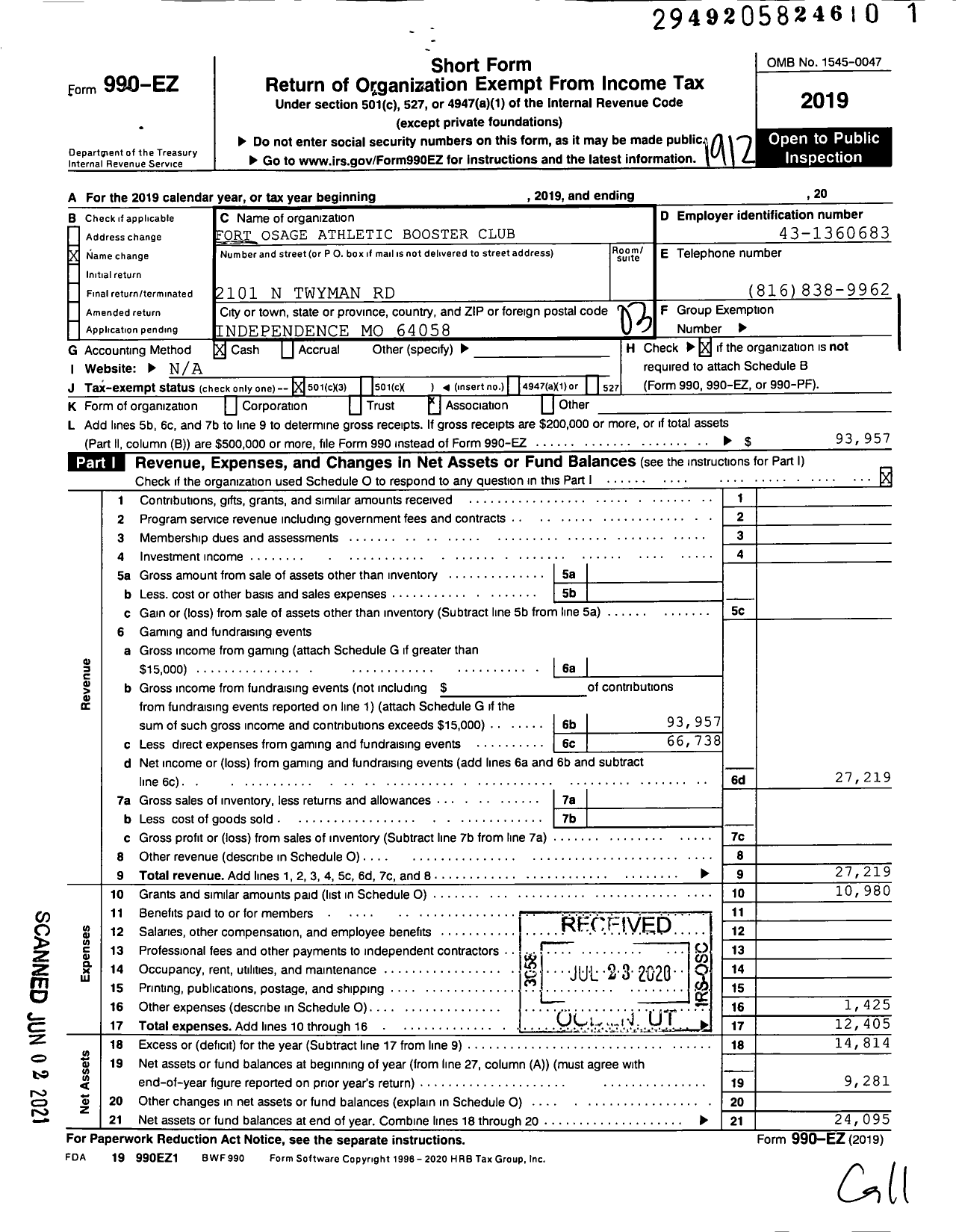 Image of first page of 2019 Form 990EZ for Fort Osage Athletic Booster Club