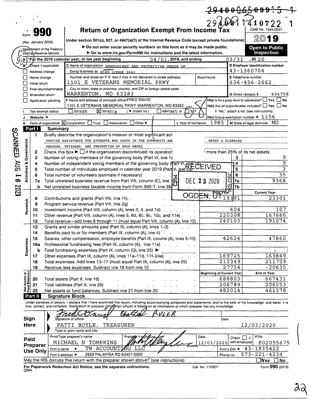 Image of first page of 2019 Form 990O for Benevolent and Protective Order of Elks - Warrenton Elks Lodge 2662