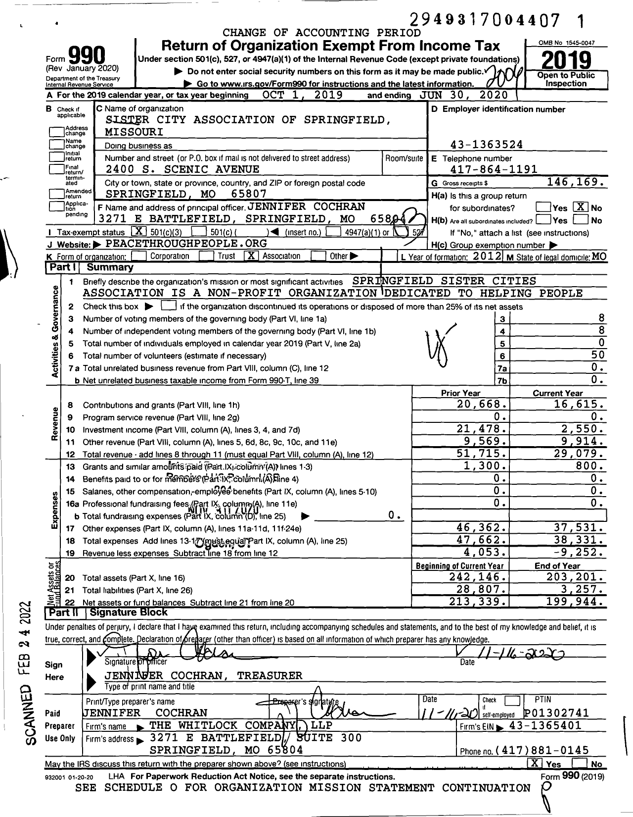 Image of first page of 2019 Form 990 for Sister Cities Association of Springfield Missouri