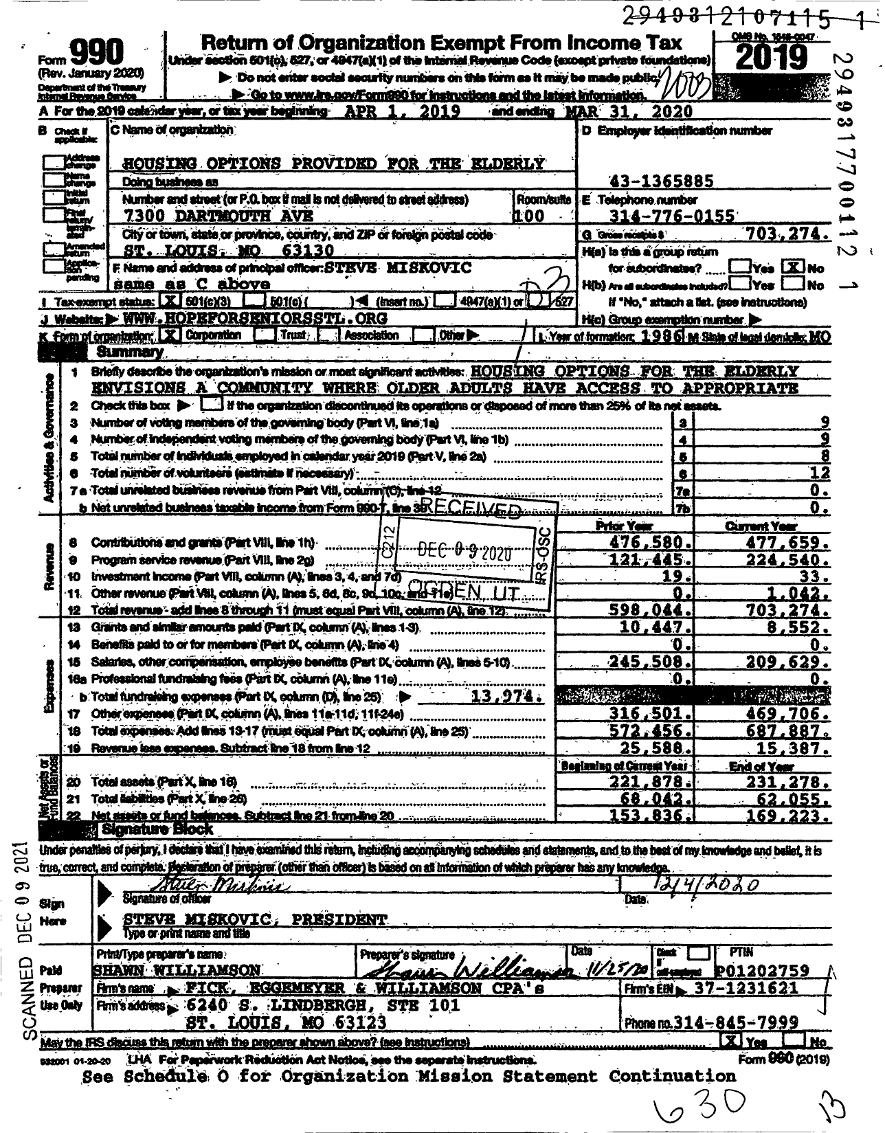 Image of first page of 2019 Form 990 for Housing Options Provided for the Elderly