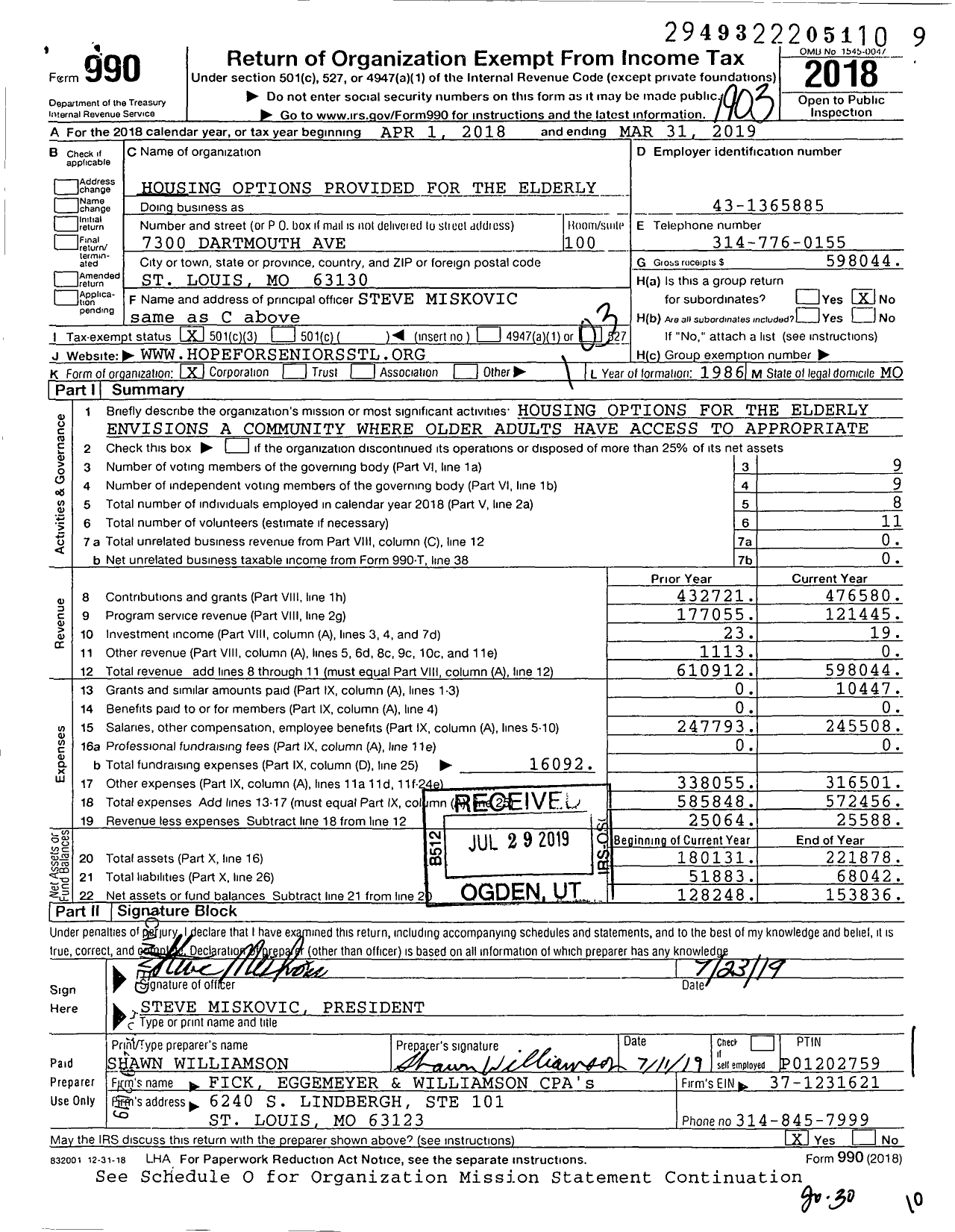 Image of first page of 2018 Form 990 for Housing Options Provided for the Elderly