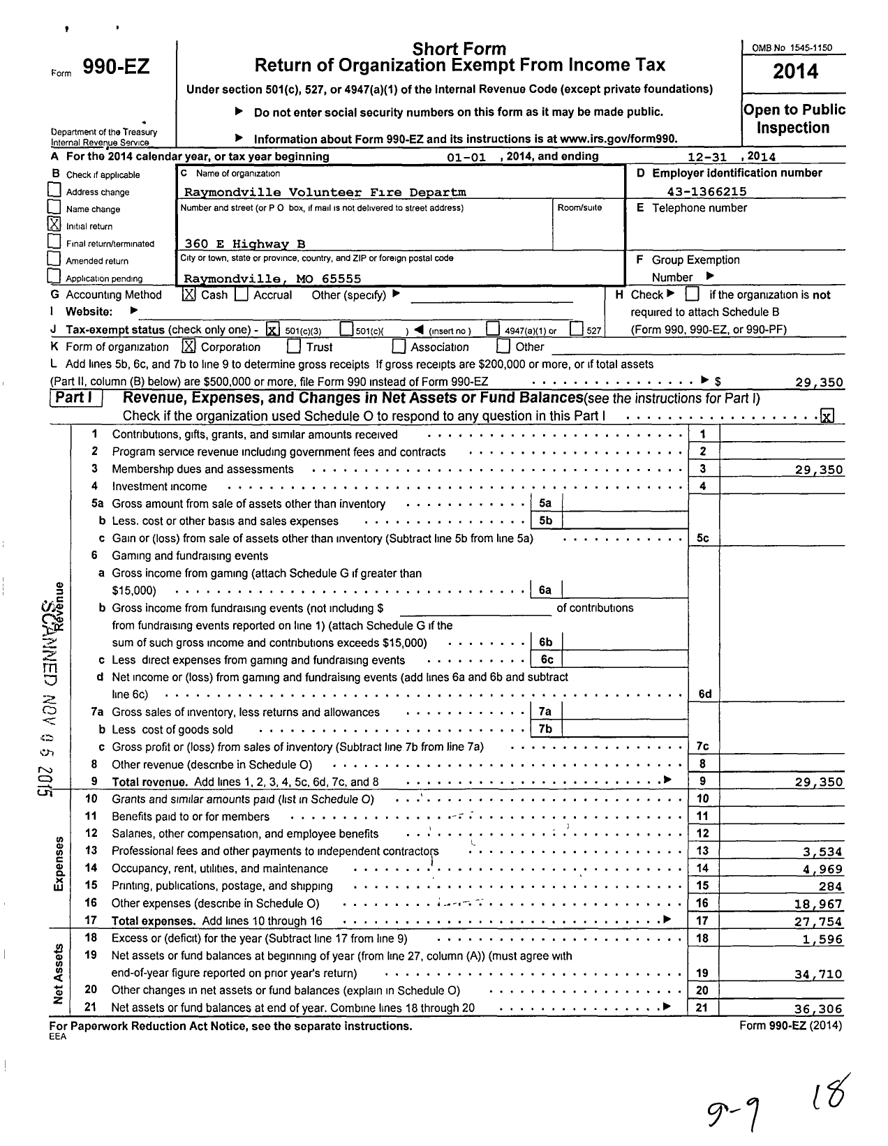 Image of first page of 2014 Form 990EZ for Raymondville Volunteer Fire Department