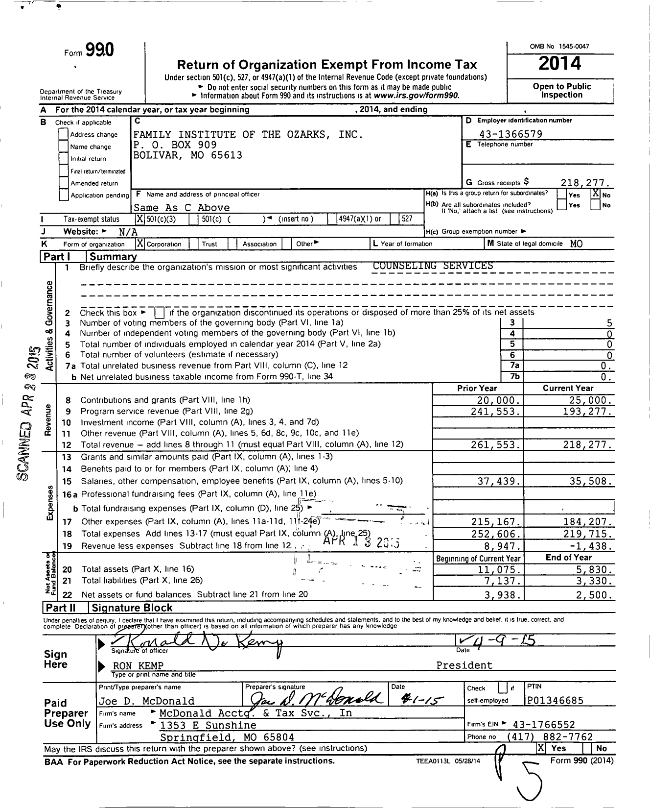 Image of first page of 2014 Form 990 for Family Institute of the Ozarks