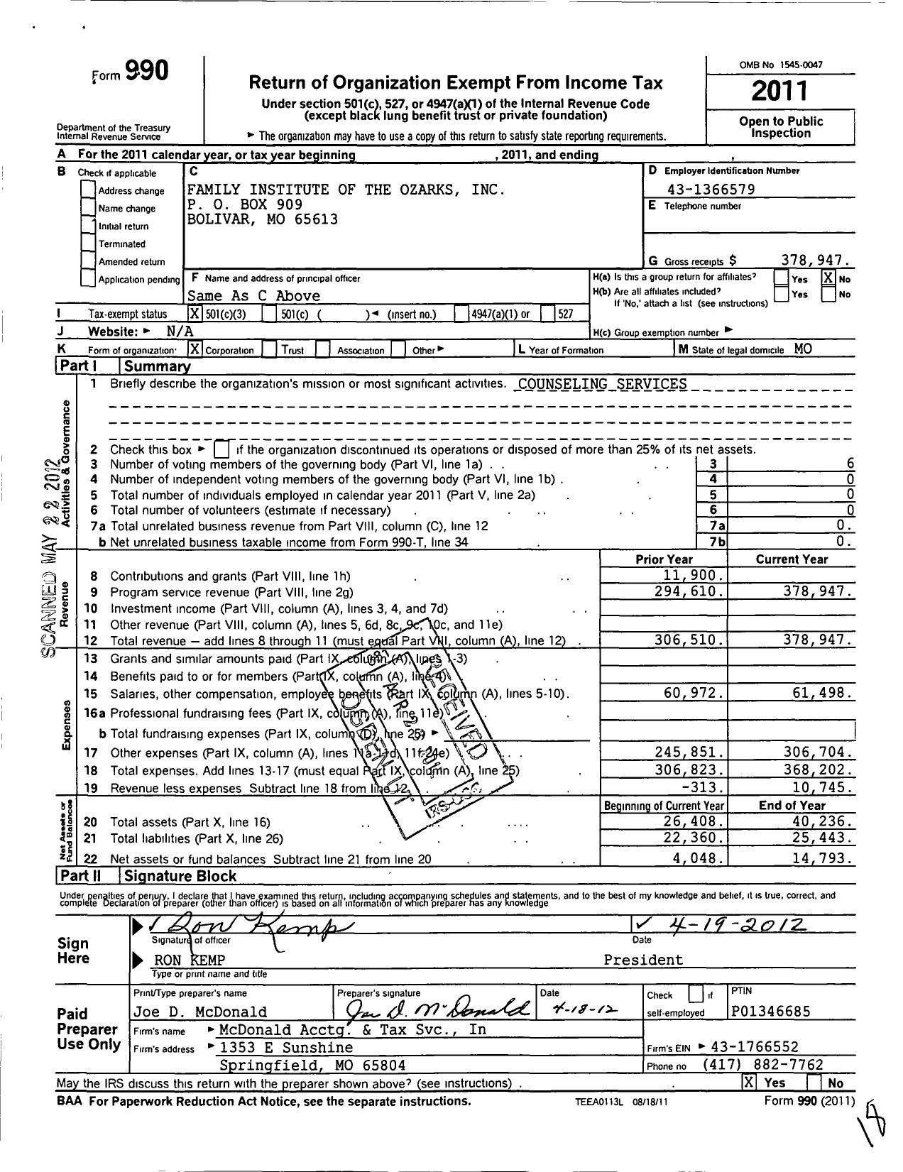 Image of first page of 2011 Form 990 for Family Institute of the Ozarks