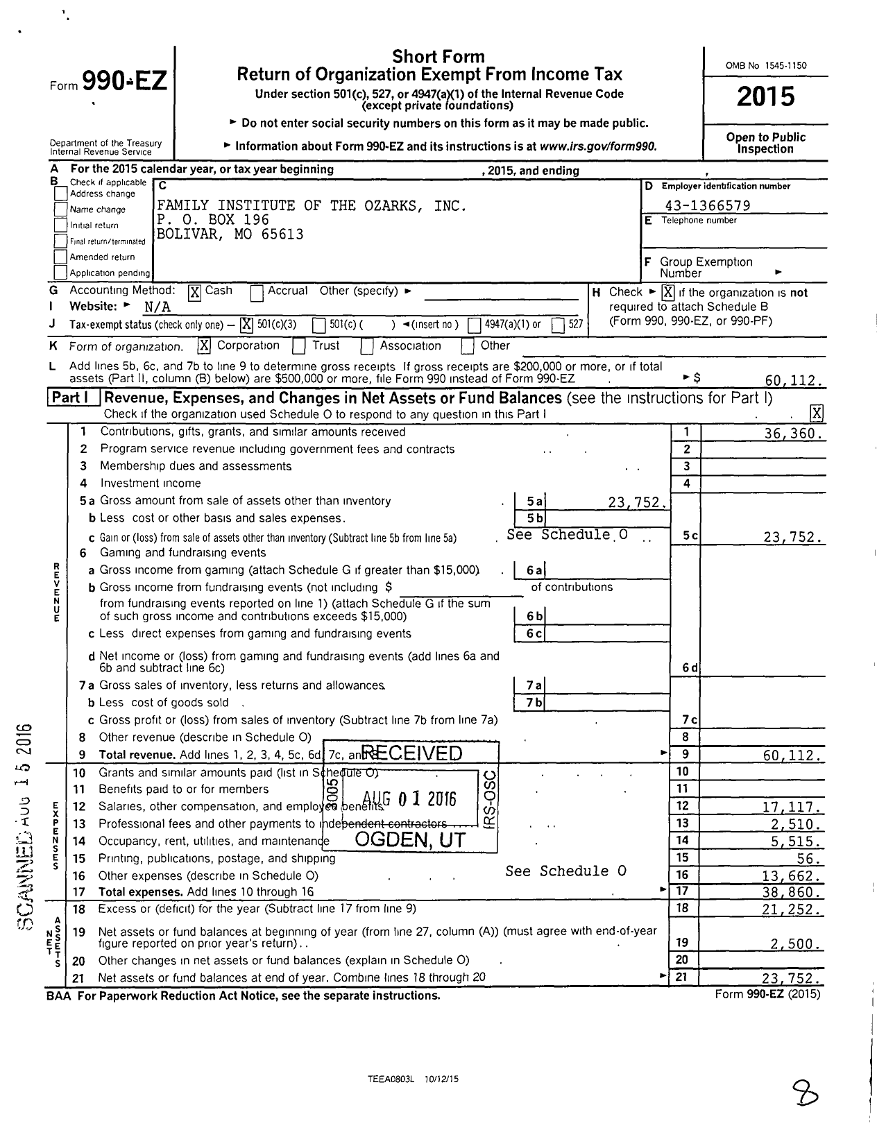 Image of first page of 2015 Form 990EZ for Family Institute of the Ozarks