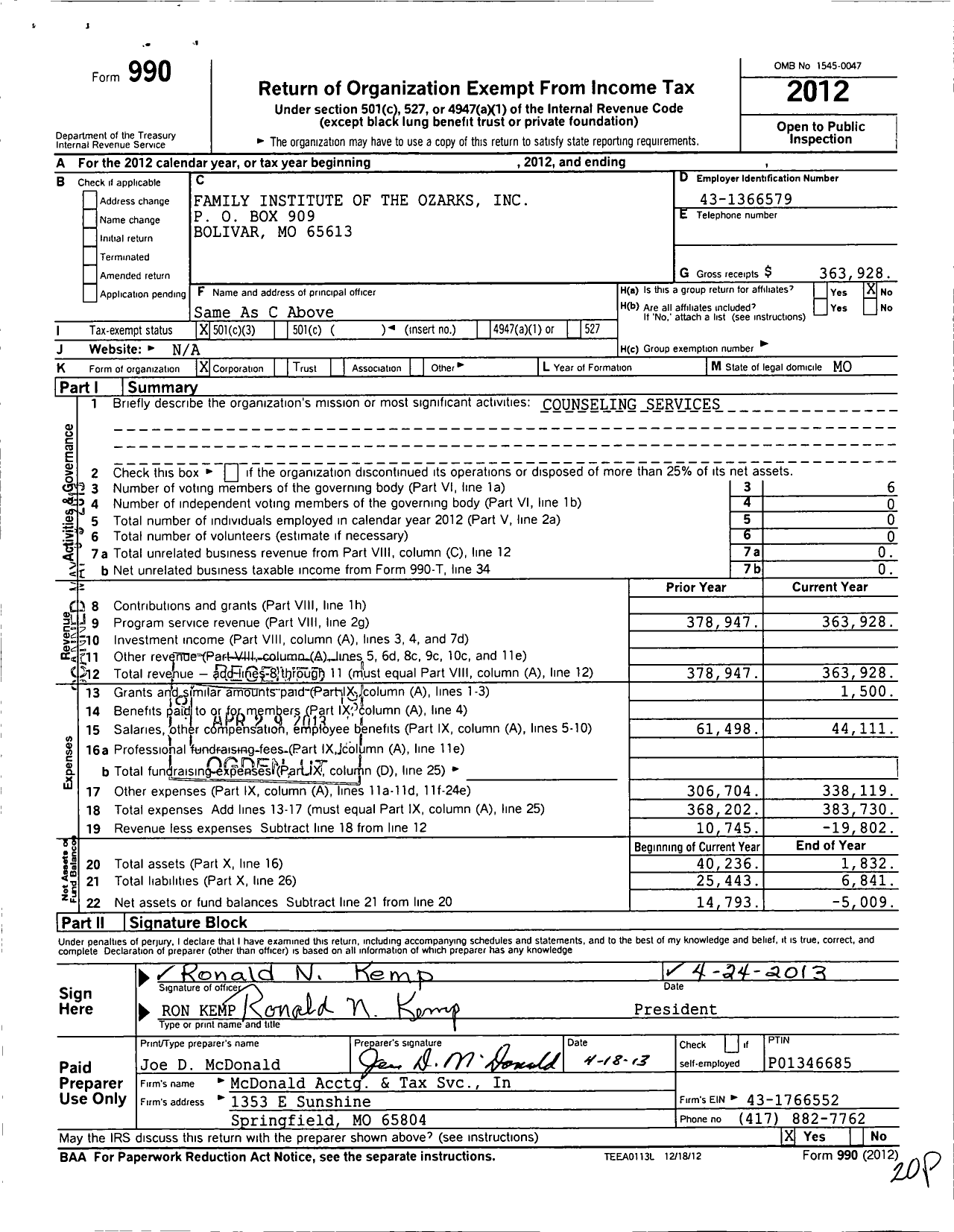 Image of first page of 2012 Form 990 for Family Institute of the Ozarks